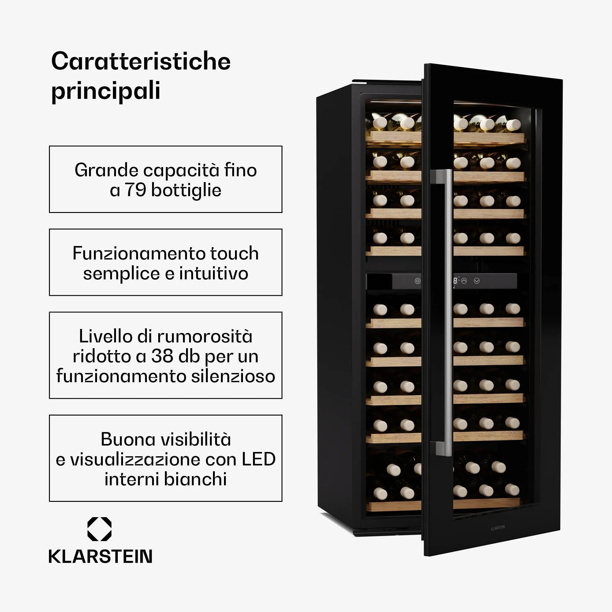 KLARSTEIN Vinsider Duo Cantinetta Vino - 79 Bottiglie, Doppia Temperatura 5-22°C, Touch Control, LED, UV, Incasso, Nero - immagine 2