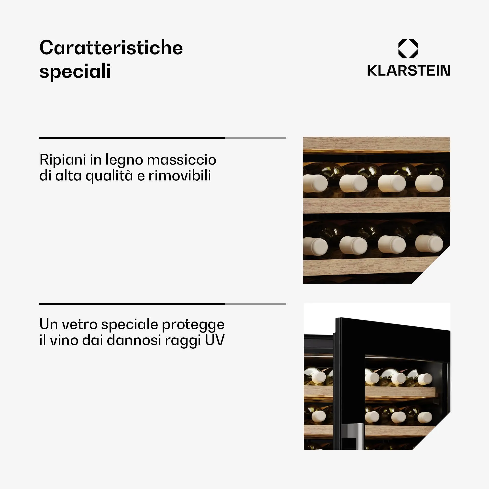 KLARSTEIN Vinsider Duo Cantinetta Vino - 79 Bottiglie, Doppia Temperatura 5-22°C, Touch Control, LED, UV, Incasso, Nero - immagine 5