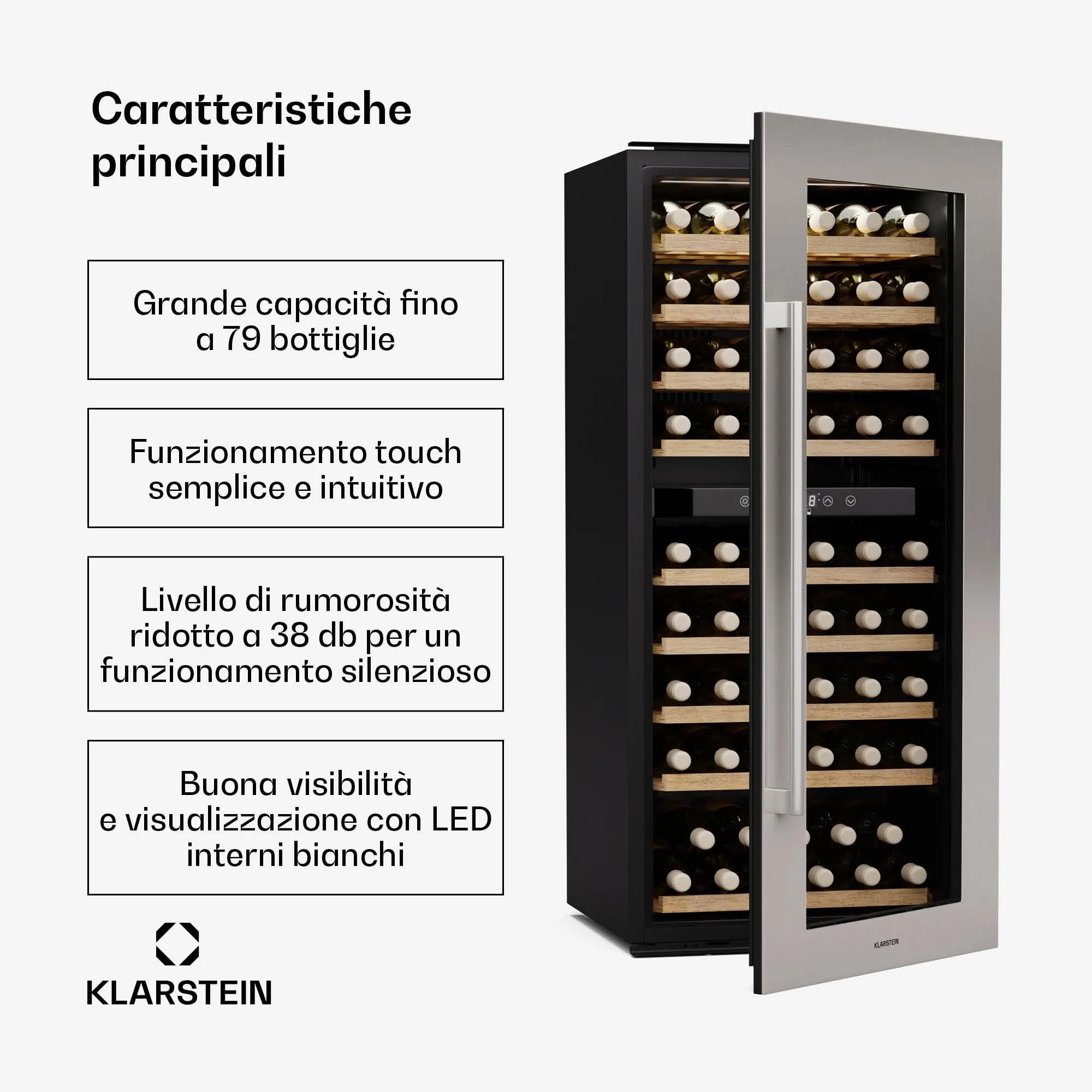 KLARSTEIN Vinsider Duo Cantinetta Vino - 79 Bottiglie, Doppia Temperatura 5-22°C, Touch Control, LED, UV, Incasso, Nero - immagine 2