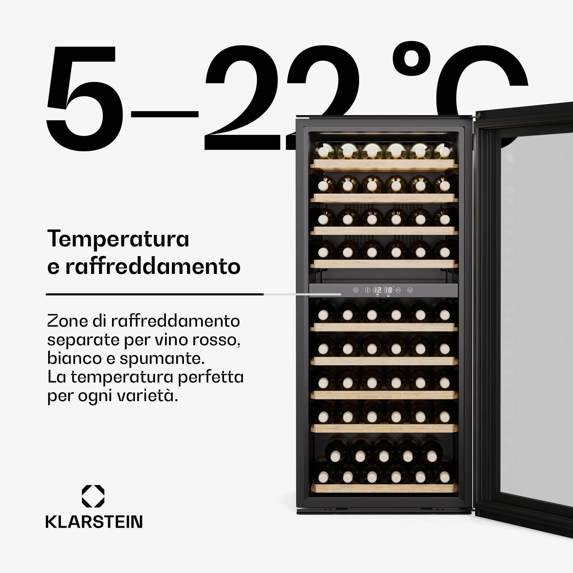 KLARSTEIN Vinsider Duo Cantinetta Vino - 79 Bottiglie, Doppia Temperatura 5-22°C, Touch Control, LED, UV, Incasso, Nero - immagine 4