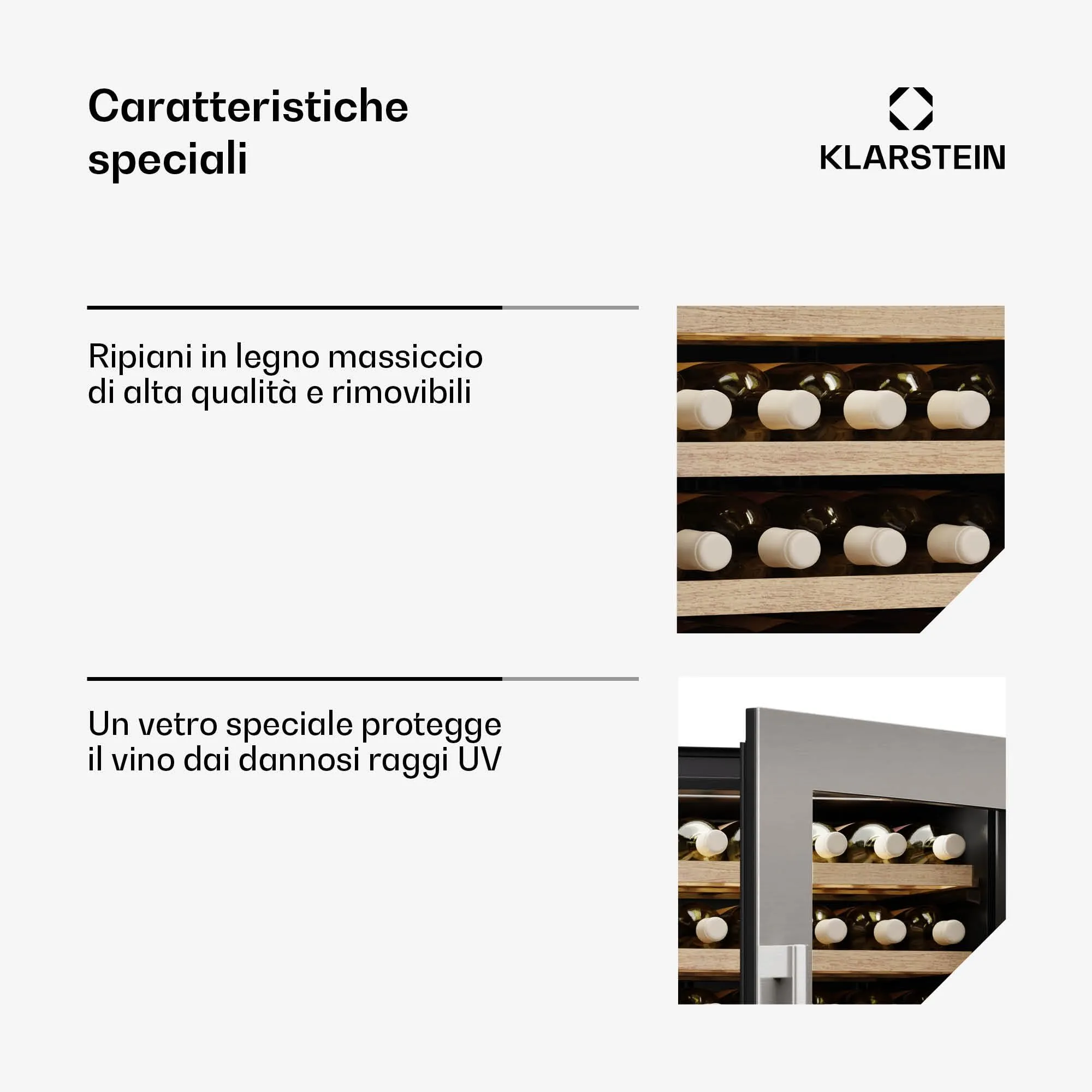 KLARSTEIN Vinsider Duo Cantinetta Vino - 79 Bottiglie, Doppia Temperatura 5-22°C, Touch Control, LED, UV, Incasso, Nero - immagine 5