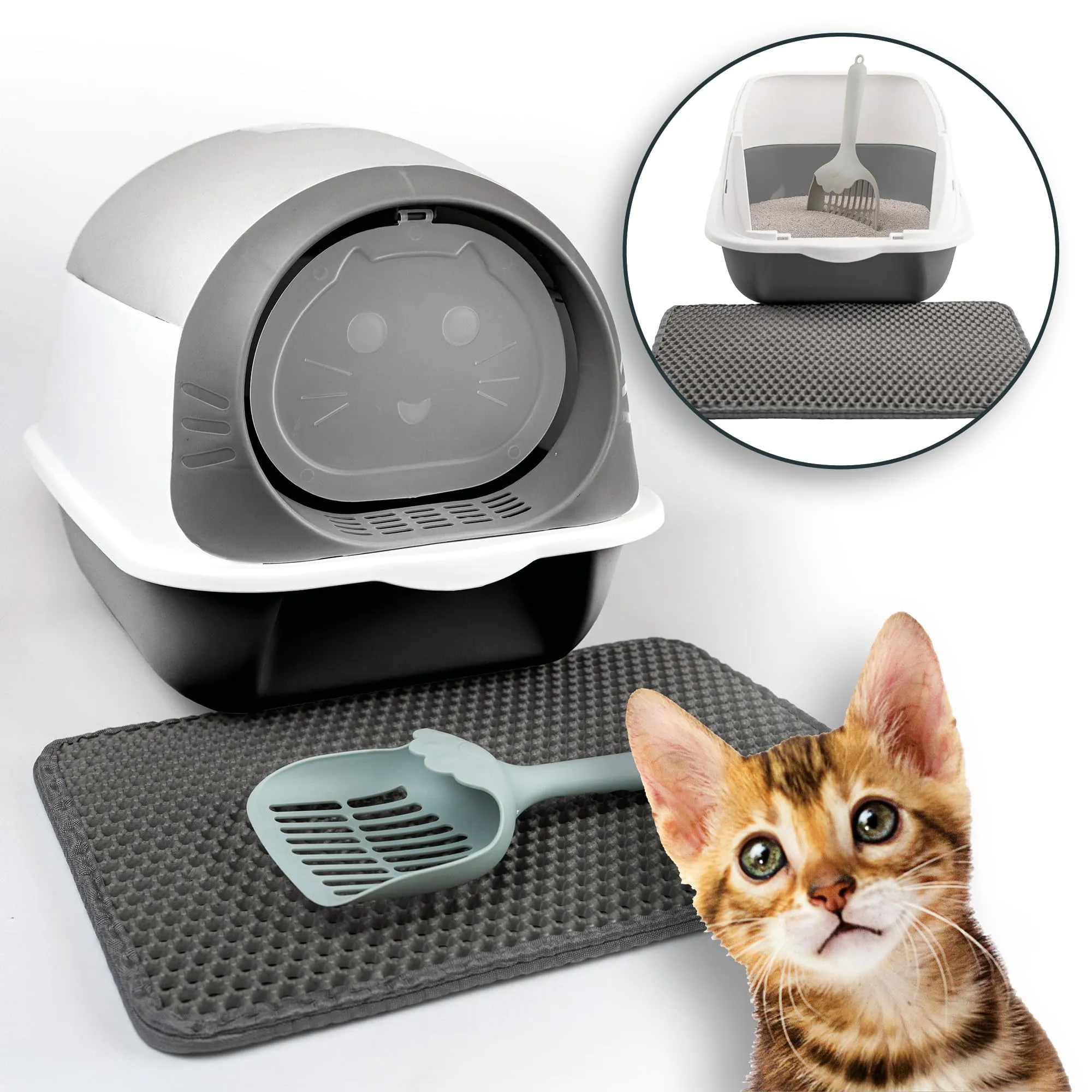 LINUMA® Toilette per gatti grigia con bordo alto – lettiera spaziosa facile da pulire – ideale per gatti grandi – design moderno – fondo antiscivolo – senza coperchio - immagine 1