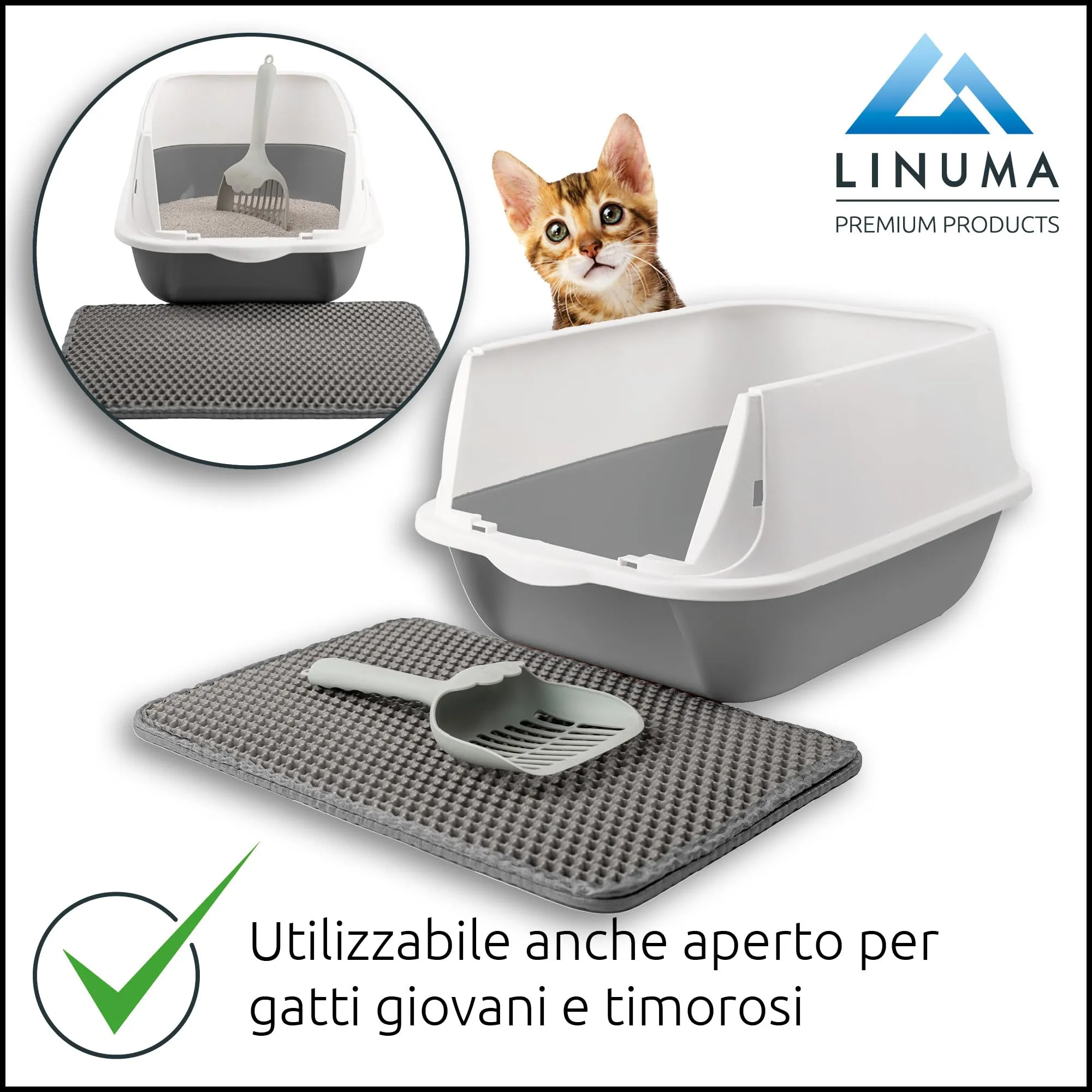 LINUMA® Toilette per gatti grigia con bordo alto – lettiera spaziosa facile da pulire – ideale per gatti grandi – design moderno – fondo antiscivolo – senza coperchio - immagine 3