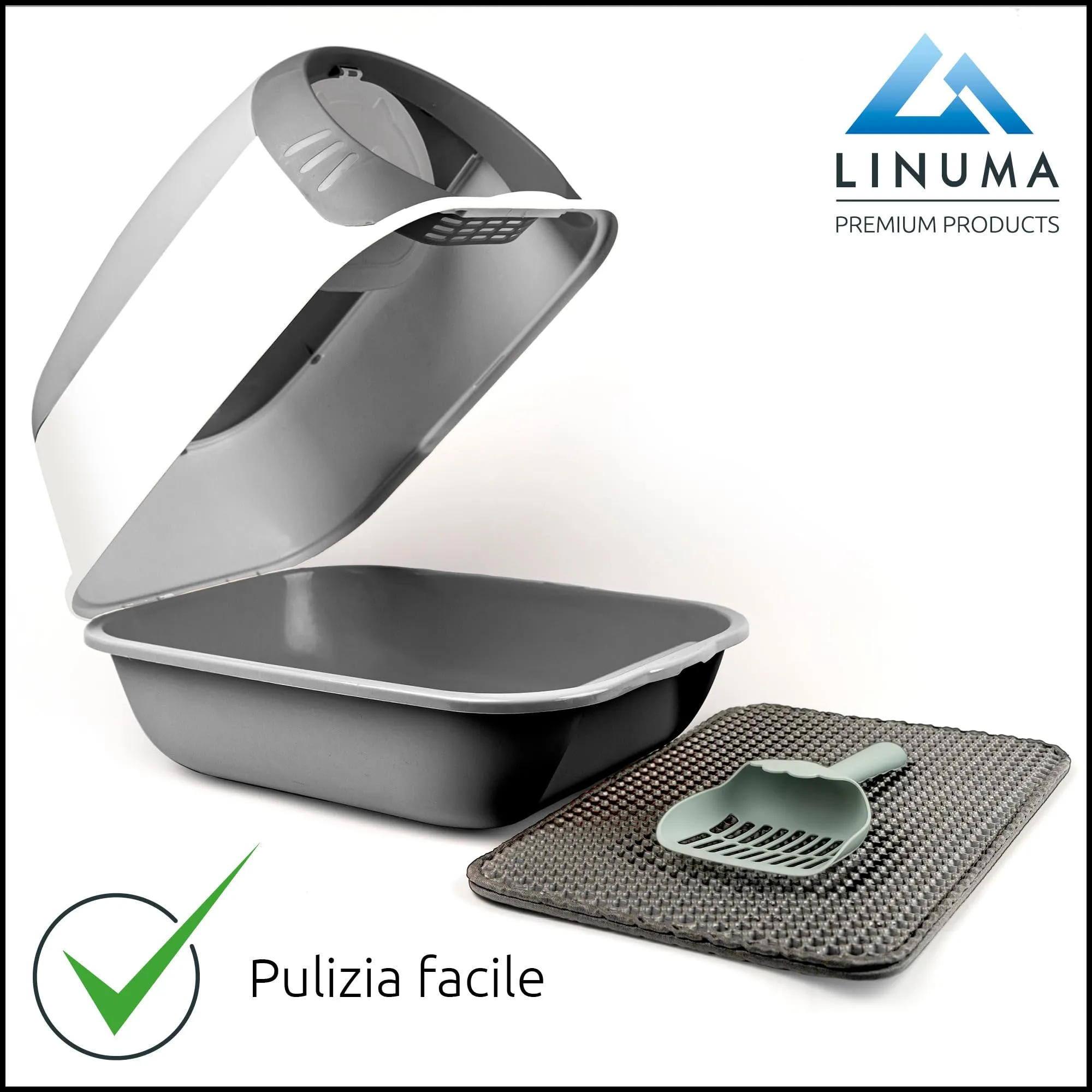 LINUMA® Toilette per gatti grigia con bordo alto – lettiera spaziosa facile da pulire – ideale per gatti grandi – design moderno – fondo antiscivolo – senza coperchio - immagine 5