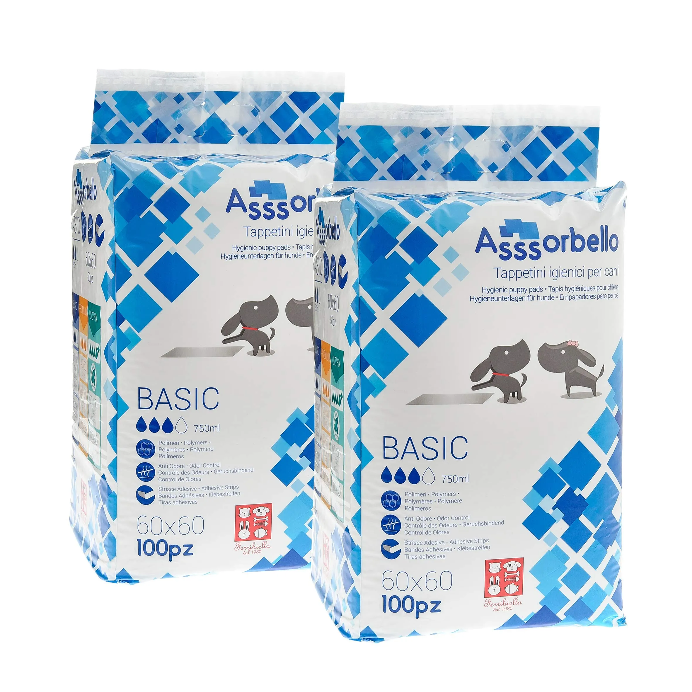 Ferribiella Assorbello BasicTappetini igiene per cane, 2 x 100 pezzi, 60 x 60 cm - immagine 1