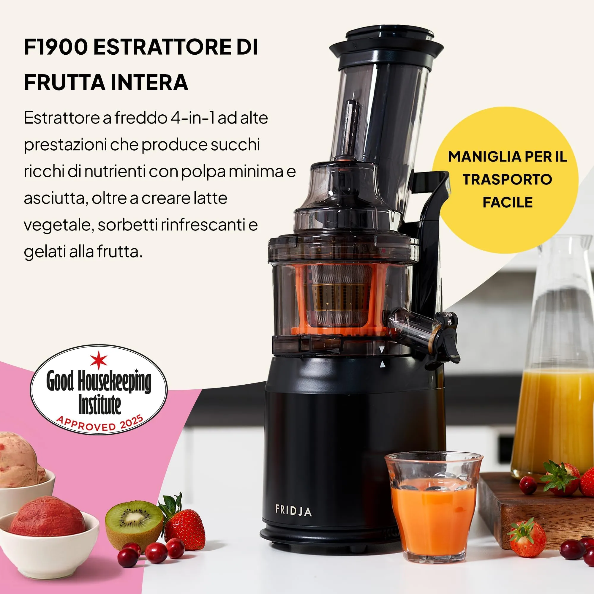 Fridja f1900 Estrattore di Succo a Freddo, 240 W, Apertura 78 mm, Senza BPA - immagine 3