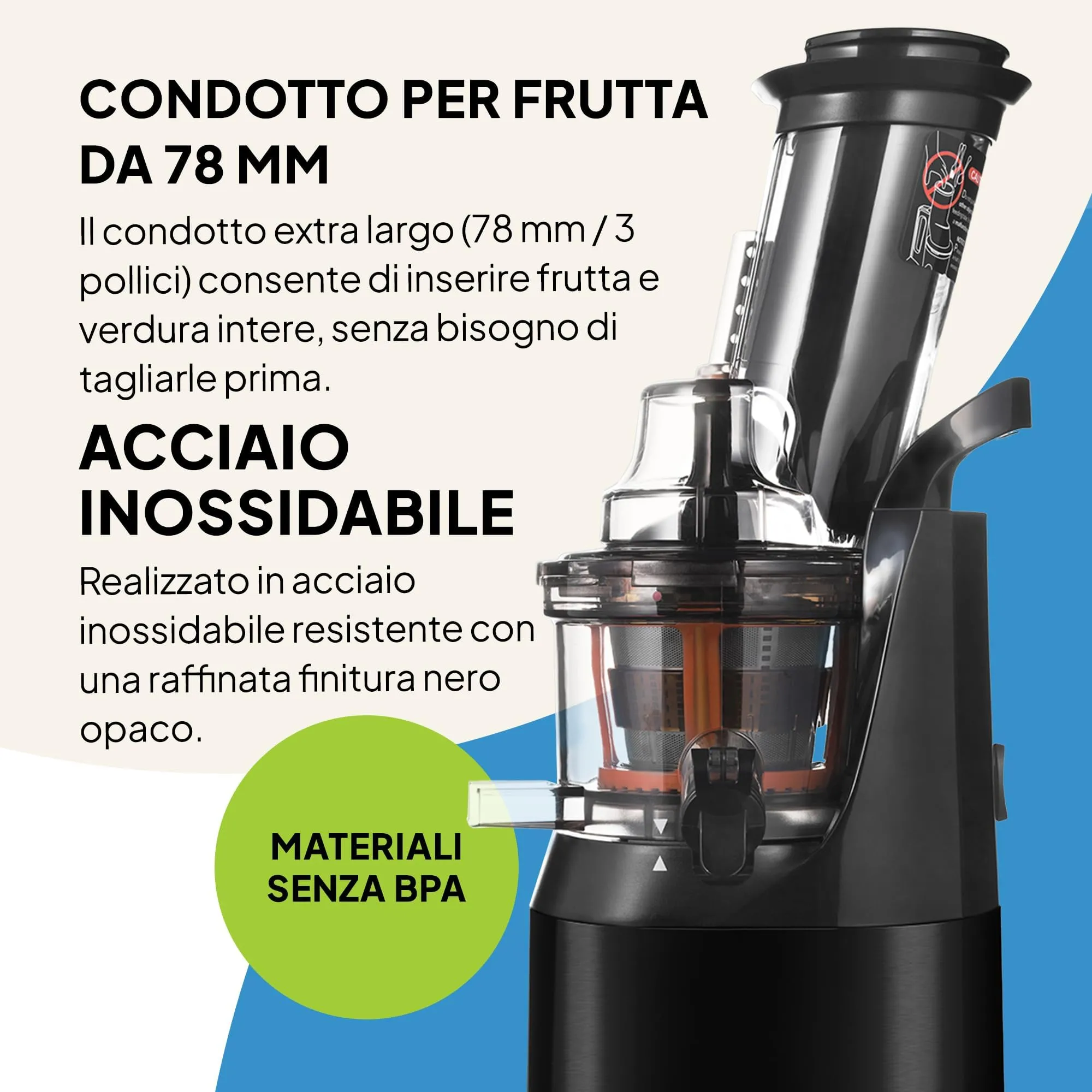 Fridja f1900 Estrattore di Succo a Freddo, 240 W, Apertura 78 mm, Senza BPA - immagine 4