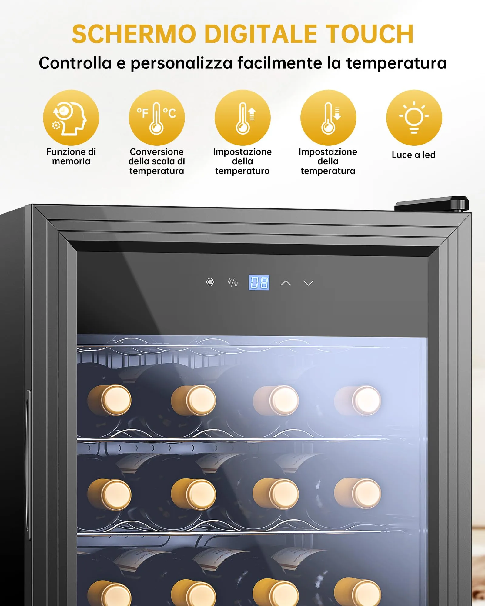 WIE Cantinetta Vino, 28 Bottiglie Cantina Vino Refrigerata, 82L Monotemperatura Cantinetta, Vetri Anti UV, Touch Control, Illuminazione LED, 5-18℃ - immagine 2
