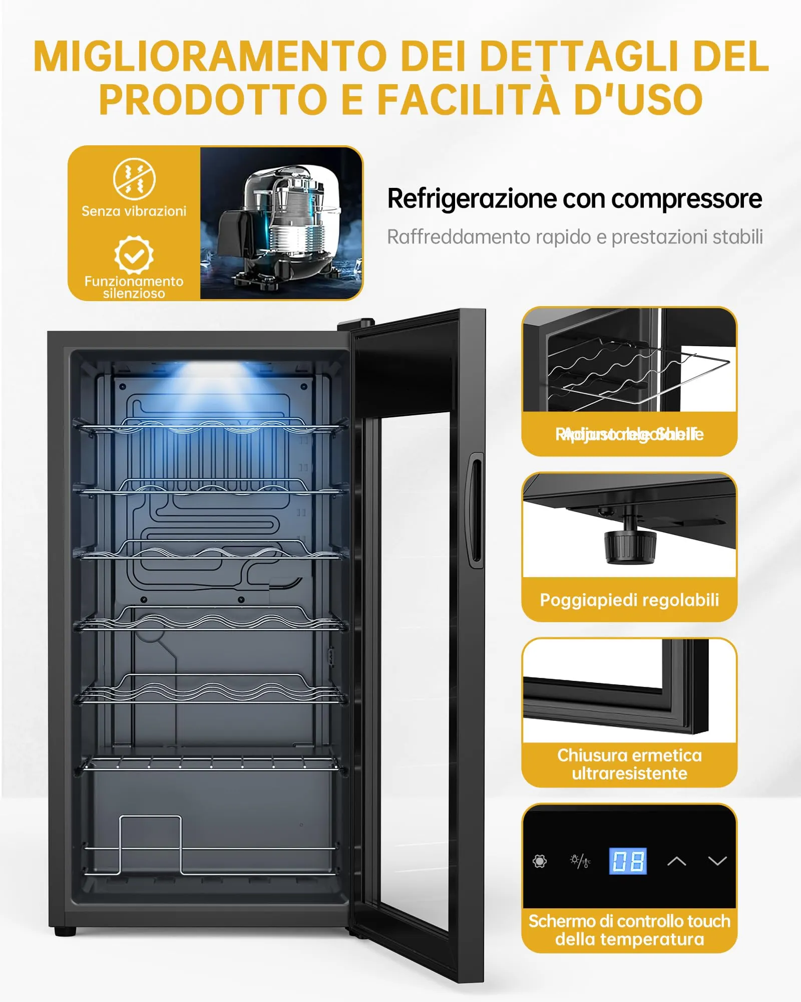 WIE Cantinetta Vino, 28 Bottiglie Cantina Vino Refrigerata, 82L Monotemperatura Cantinetta, Vetri Anti UV, Touch Control, Illuminazione LED, 5-18℃ - immagine 3