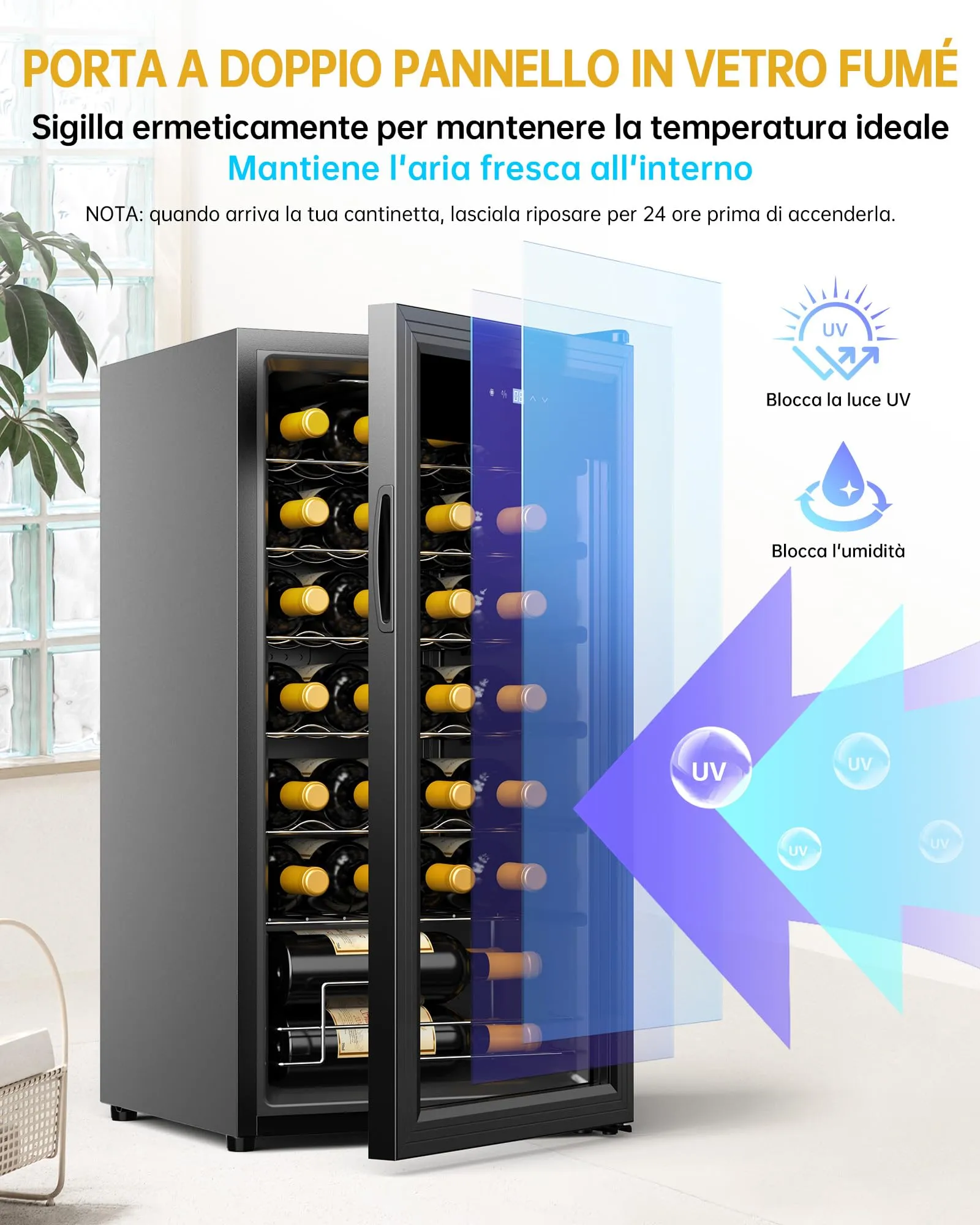 WIE Cantinetta Vino, 28 Bottiglie Cantina Vino Refrigerata, 82L Monotemperatura Cantinetta, Vetri Anti UV, Touch Control, Illuminazione LED, 5-18℃ - immagine 5