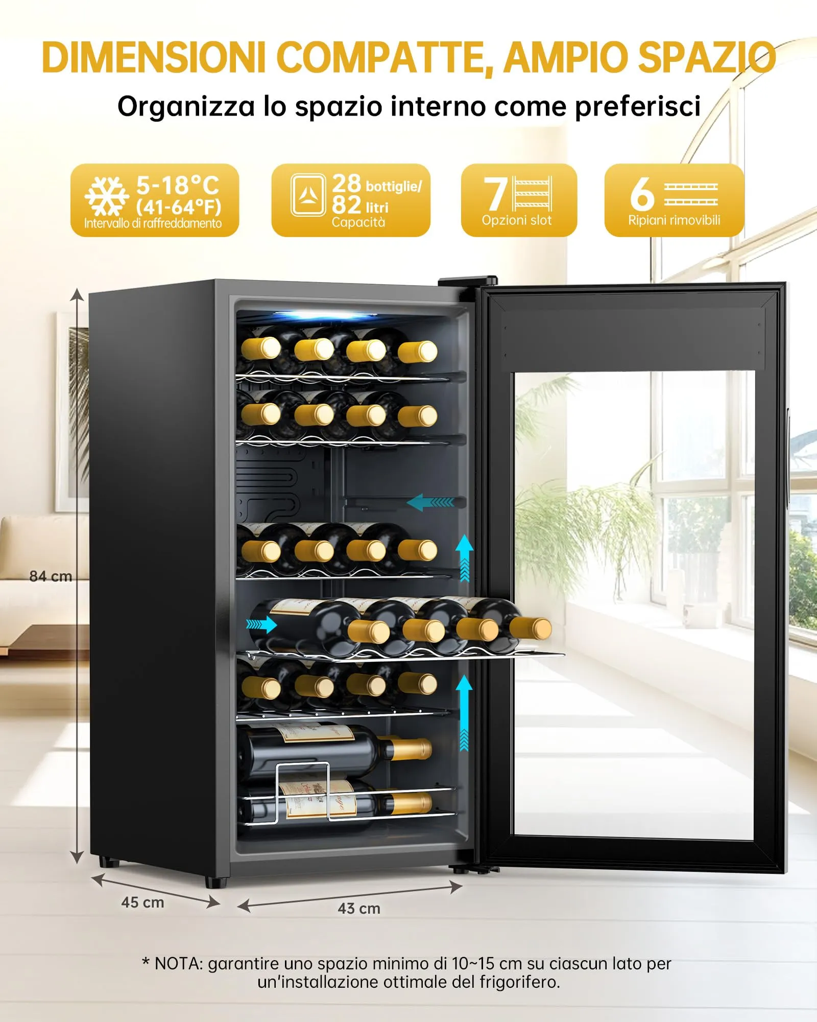 WIE Cantinetta Vino, 28 Bottiglie Cantina Vino Refrigerata, 82L Monotemperatura Cantinetta, Vetri Anti UV, Touch Control, Illuminazione LED, 5-18℃ - immagine 6