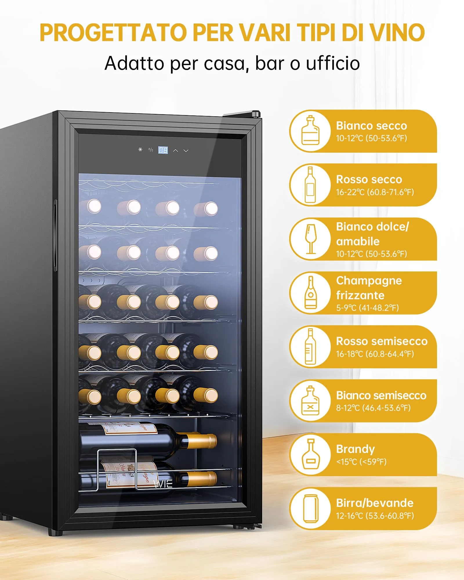 WIE Cantinetta Vino, 28 Bottiglie Cantina Vino Refrigerata, 82L Monotemperatura Cantinetta, Vetri Anti UV, Touch Control, Illuminazione LED, 5-18℃ - immagine 8