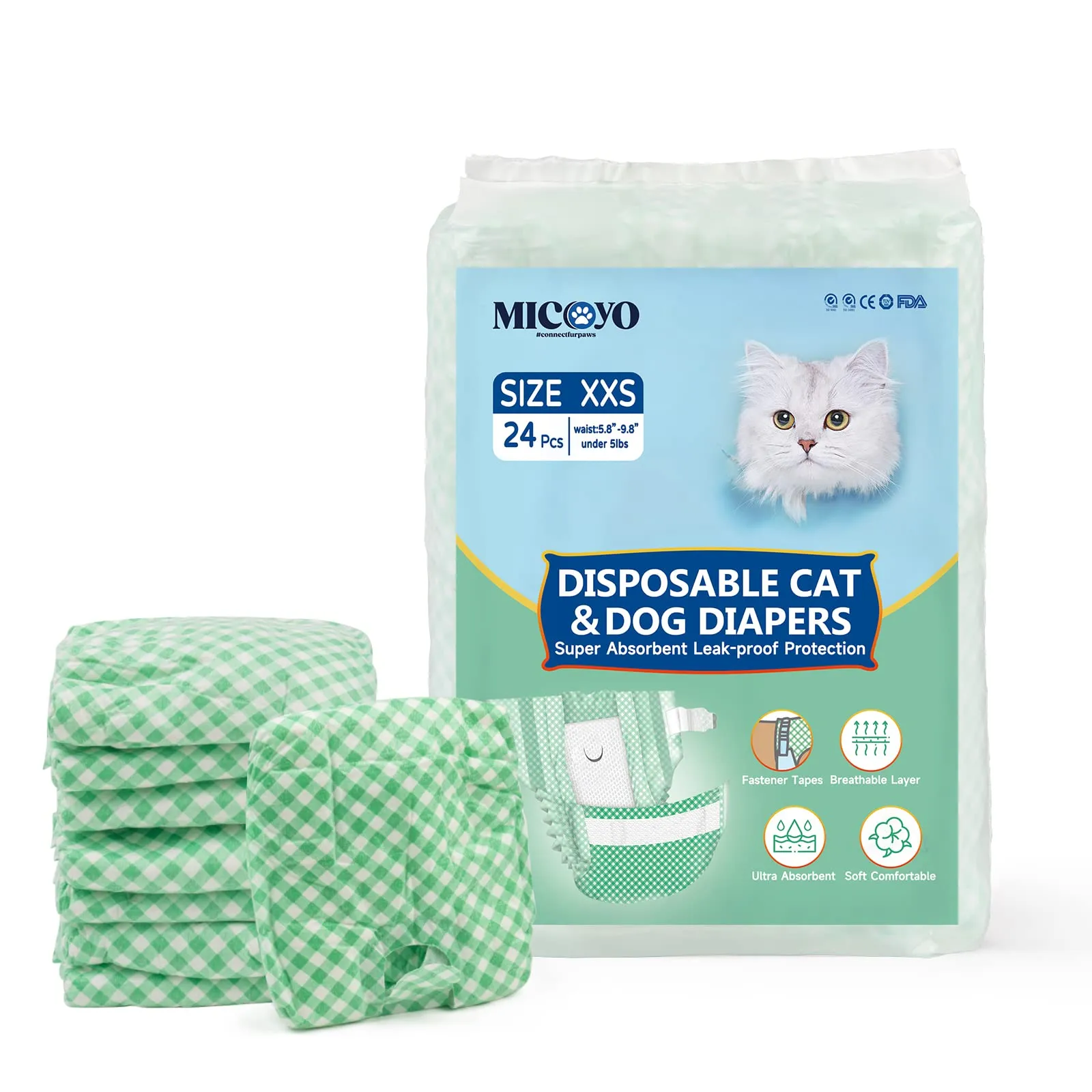 MICOOYO Pannolini usa e getta per cani femmina, super assorbenti, per gatti e cani di piccola taglia, pannolini per gatti a tenuta stagna per donne in calore (verde, XXS, 24 pezzi) - immagine 1