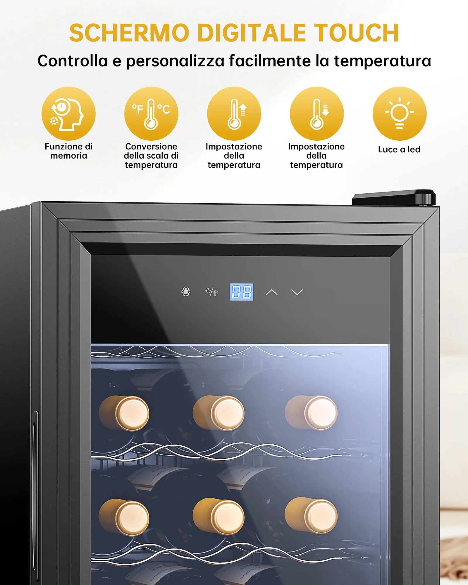WIE Cantinetta Vino 18 Bottiglie (53L) – Cantinetta Refrigerata per Vino 5–18°C con Touch Screen, Frigo per Vino a Compressore Silenzioso 39dB, 5 Ripiani in Acciaio Inox, Sbrinamento Manuale - immagine 2