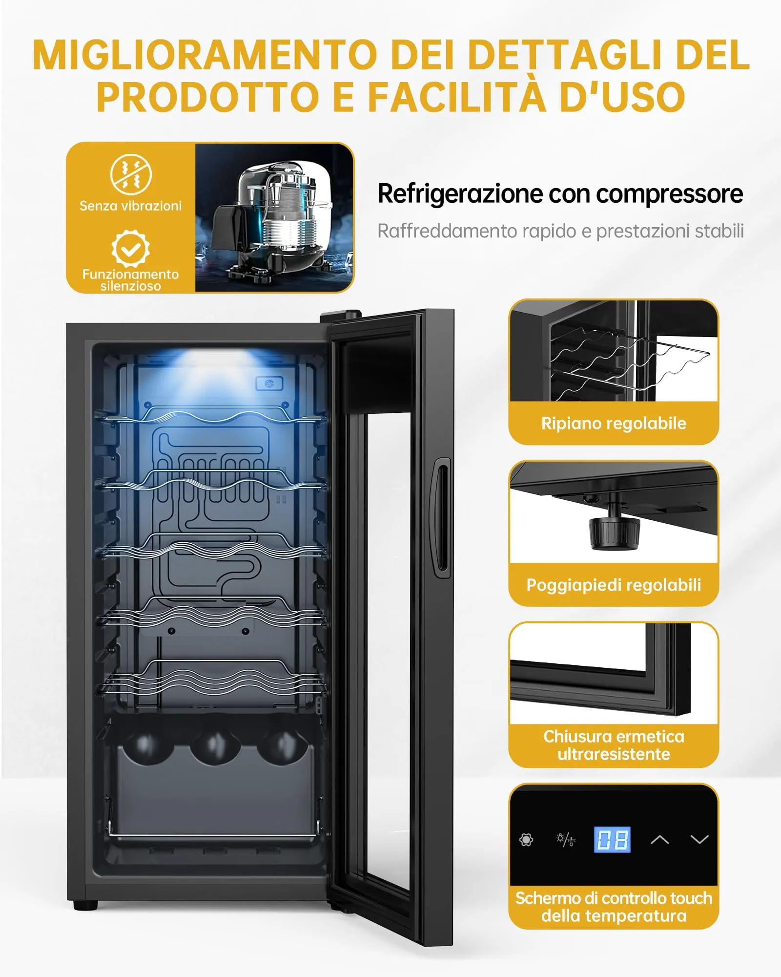 WIE Cantinetta Vino 18 Bottiglie (53L) – Cantinetta Refrigerata per Vino 5–18°C con Touch Screen, Frigo per Vino a Compressore Silenzioso 39dB, 5 Ripiani in Acciaio Inox, Sbrinamento Manuale - immagine 3