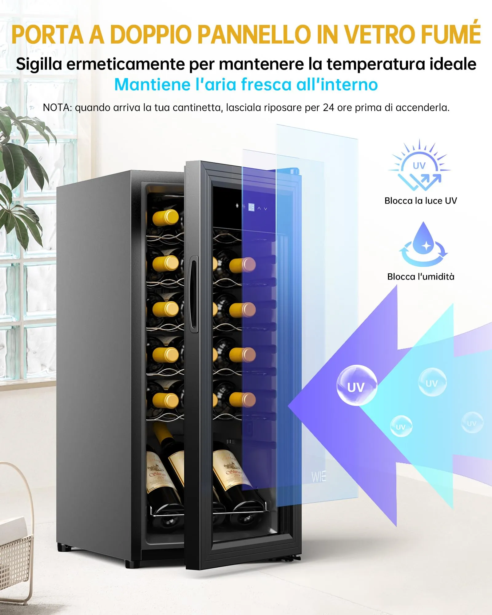 WIE Cantinetta Vino 18 Bottiglie (53L) – Cantinetta Refrigerata per Vino 5–18°C con Touch Screen, Frigo per Vino a Compressore Silenzioso 39dB, 5 Ripiani in Acciaio Inox, Sbrinamento Manuale - immagine 4