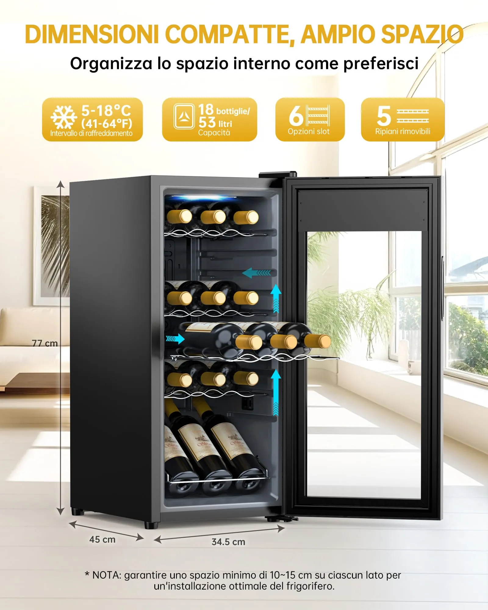 WIE Cantinetta Vino 18 Bottiglie (53L) – Cantinetta Refrigerata per Vino 5–18°C con Touch Screen, Frigo per Vino a Compressore Silenzioso 39dB, 5 Ripiani in Acciaio Inox, Sbrinamento Manuale - immagine 5