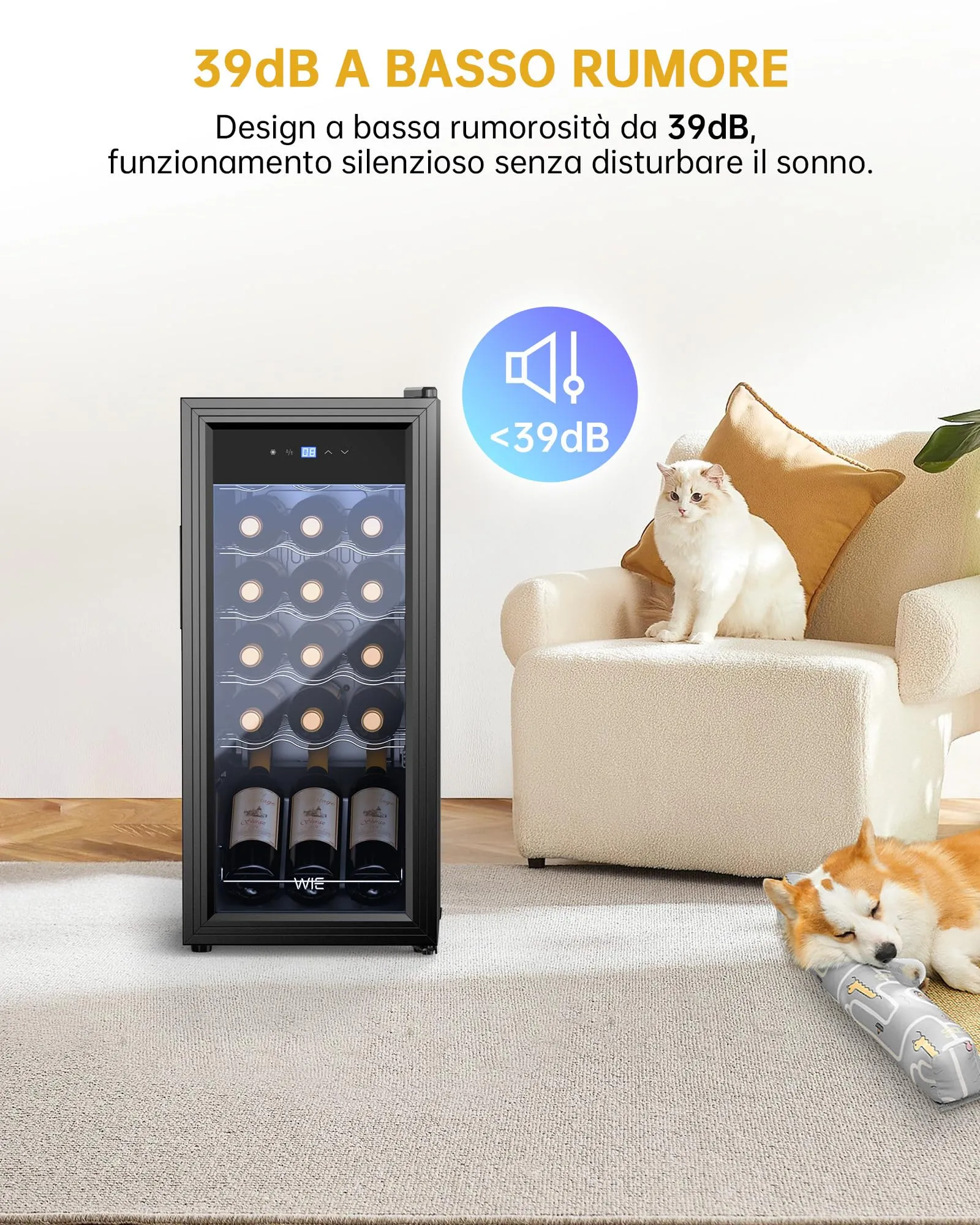 WIE Cantinetta Vino 18 Bottiglie (53L) – Cantinetta Refrigerata per Vino 5–18°C con Touch Screen, Frigo per Vino a Compressore Silenzioso 39dB, 5 Ripiani in Acciaio Inox, Sbrinamento Manuale - immagine 6
