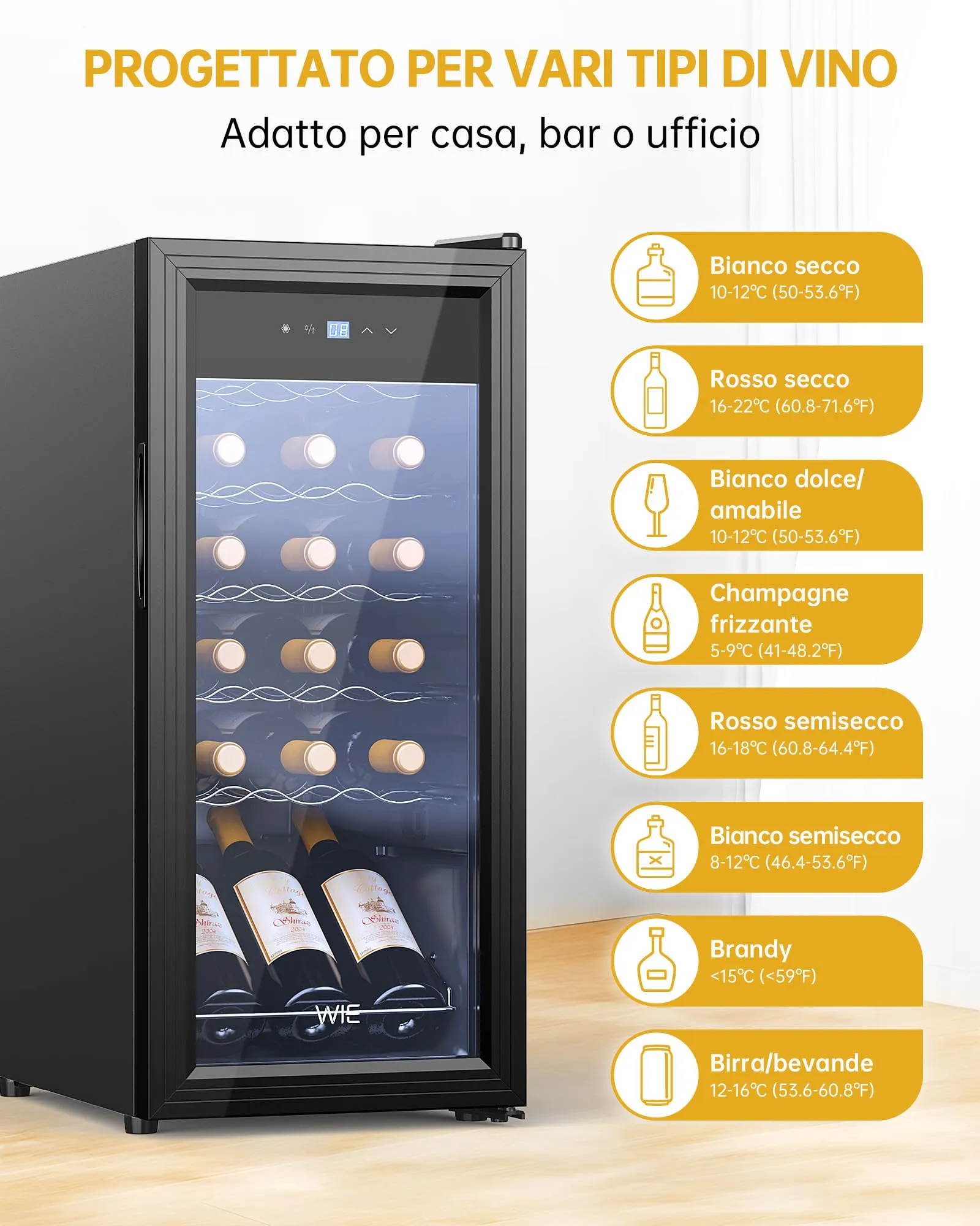 WIE Cantinetta Vino 18 Bottiglie (53L) – Cantinetta Refrigerata per Vino 5–18°C con Touch Screen, Frigo per Vino a Compressore Silenzioso 39dB, 5 Ripiani in Acciaio Inox, Sbrinamento Manuale - immagine 7
