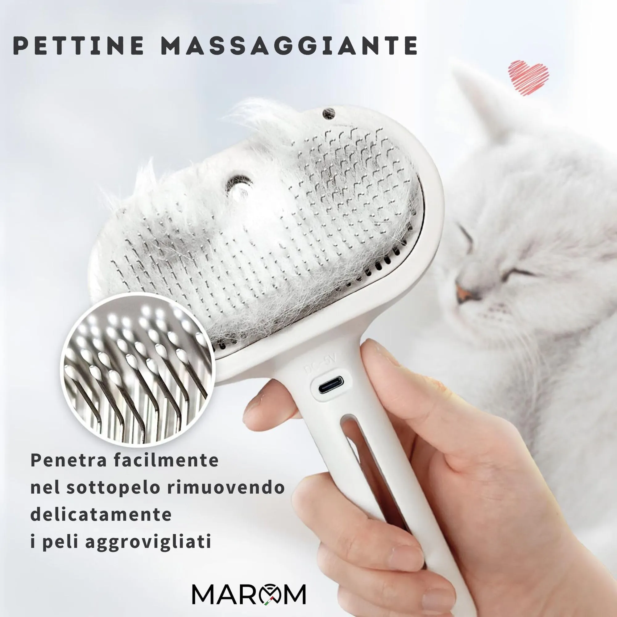 MAROM - Spazzola a vapore per gatti e cani, pettine autopulente per animali con pelo corto e lungo (BIANCO) + EBOOK in Omaggio - immagine 4