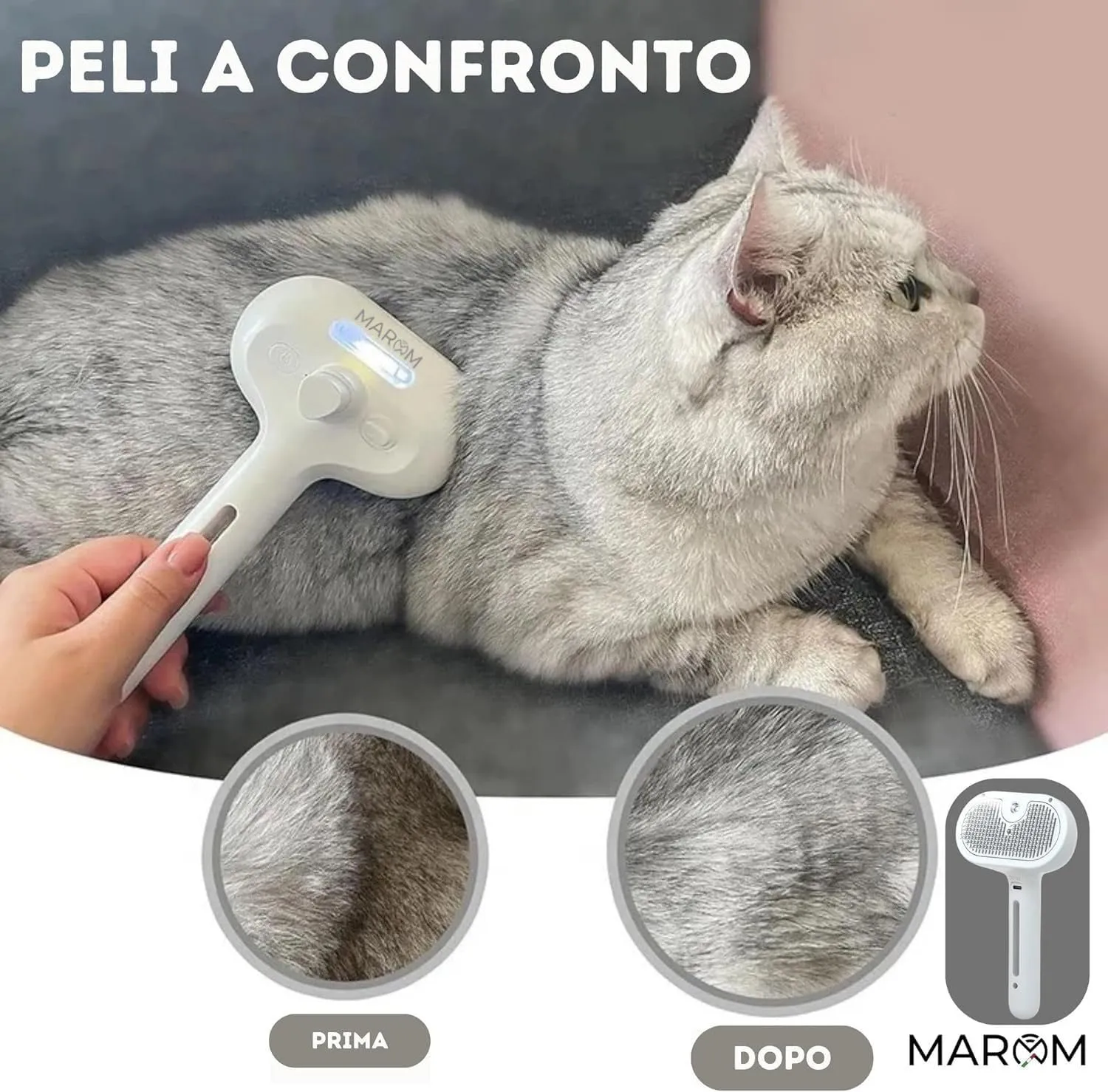 MAROM - Spazzola a vapore per gatti e cani, pettine autopulente per animali con pelo corto e lungo (BIANCO) + EBOOK in Omaggio - immagine 5