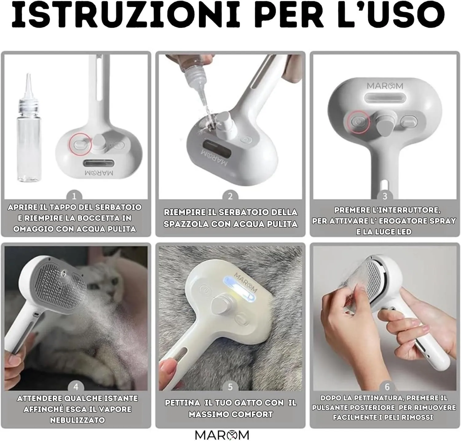 MAROM - Spazzola a vapore per gatti e cani, pettine autopulente per animali con pelo corto e lungo (BIANCO) + EBOOK in Omaggio - immagine 7