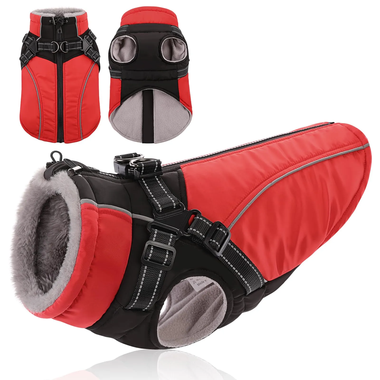 KONVINIT Cappotto Invernale per Cani Grandi con Pettorina - Giacca Impermeabile Calda con Zip Posteriore e Elementi Riflettenti - immagine 1