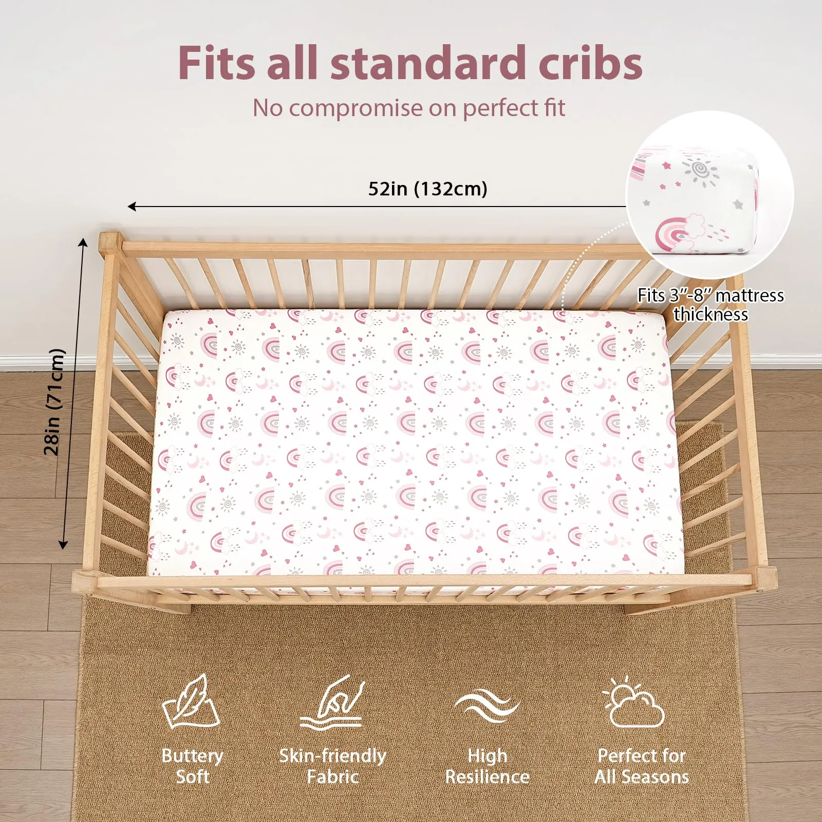 FIEMOL Lenzuola per Lettino Bambina Confezione da 3 - Microfibra Ultra Morbida Arcobaleno Rosa - Per Materasso Lettino Standard 52"x28" - immagine 2