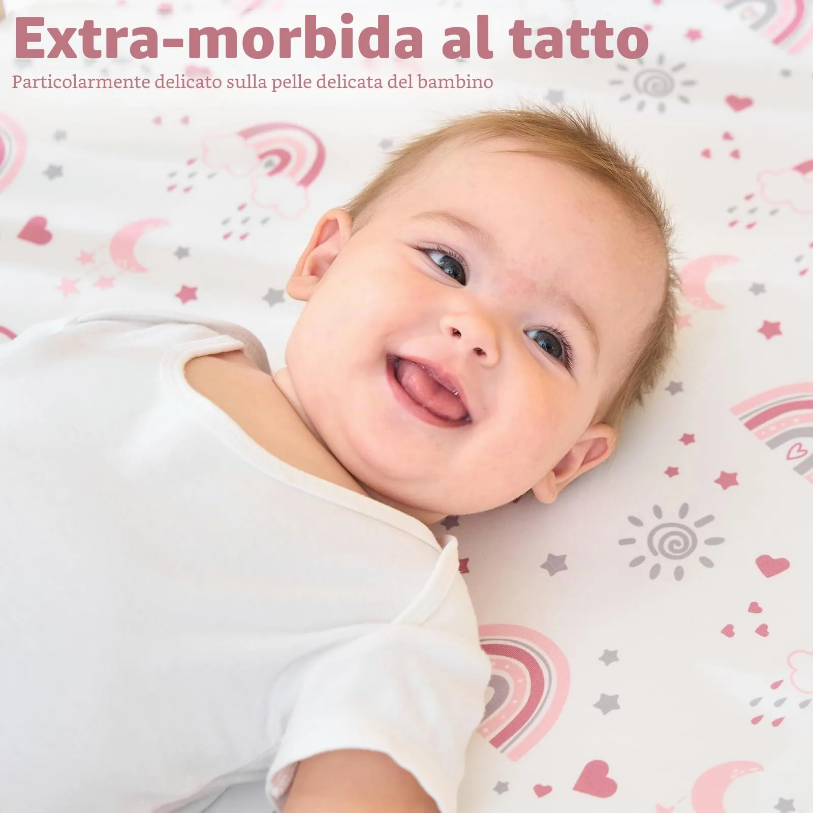 FIEMOL Lenzuola per Lettino Bambina Confezione da 3 - Microfibra Ultra Morbida Arcobaleno Rosa - Per Materasso Lettino Standard 52"x28" - immagine 3