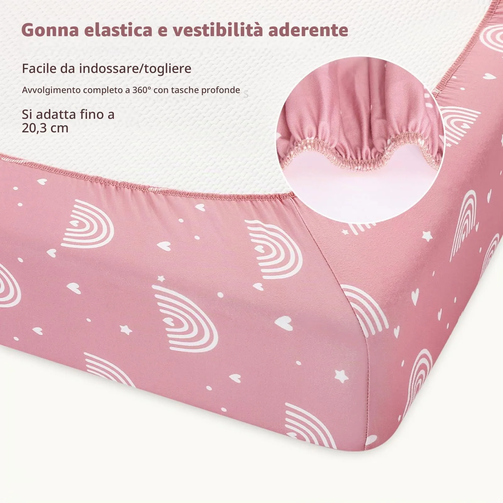 FIEMOL Lenzuola per Lettino Bambina Confezione da 3 - Microfibra Ultra Morbida Arcobaleno Rosa - Per Materasso Lettino Standard 52"x28" - immagine 7