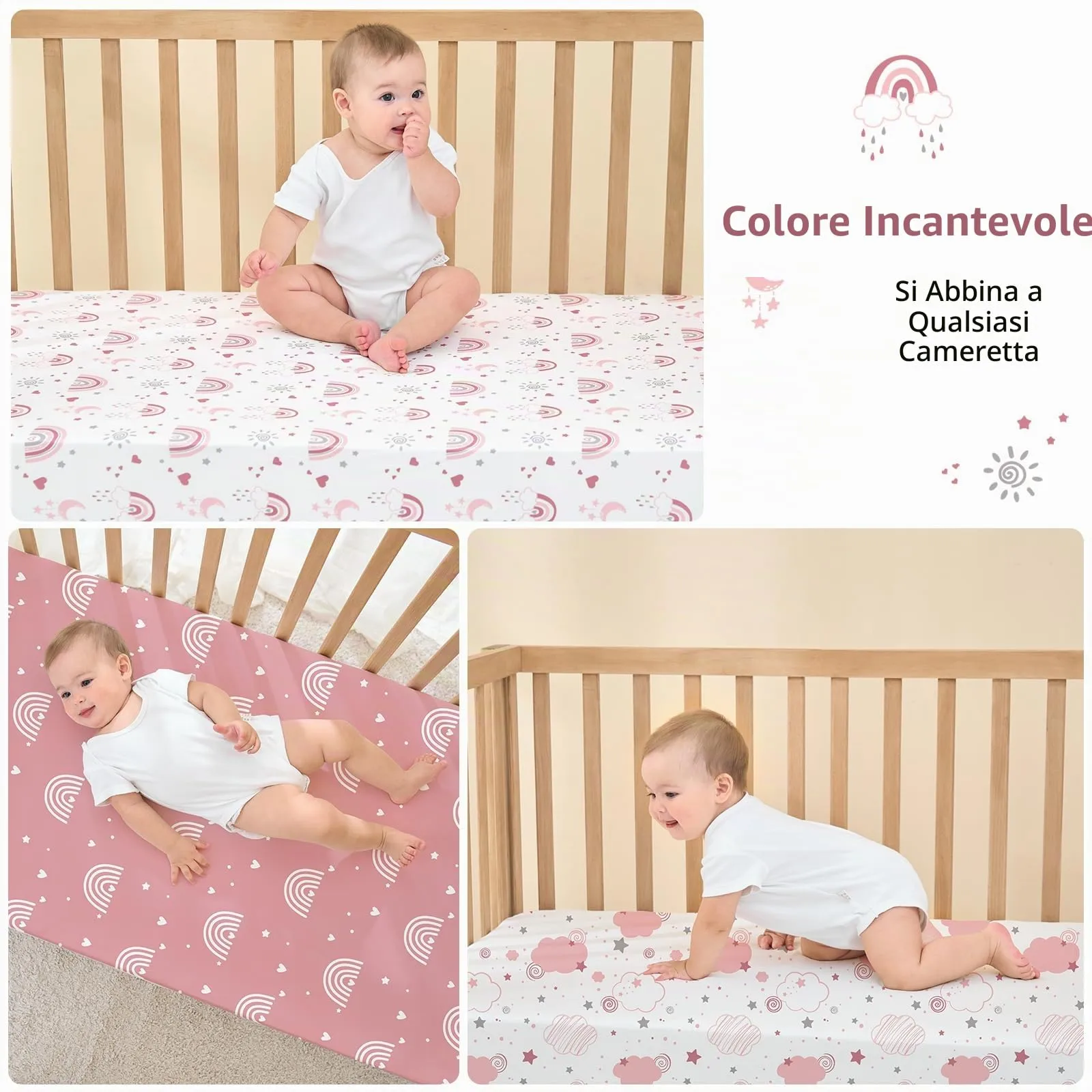 FIEMOL Lenzuola per Lettino Bambina Confezione da 3 - Microfibra Ultra Morbida Arcobaleno Rosa - Per Materasso Lettino Standard 52"x28" - immagine 8