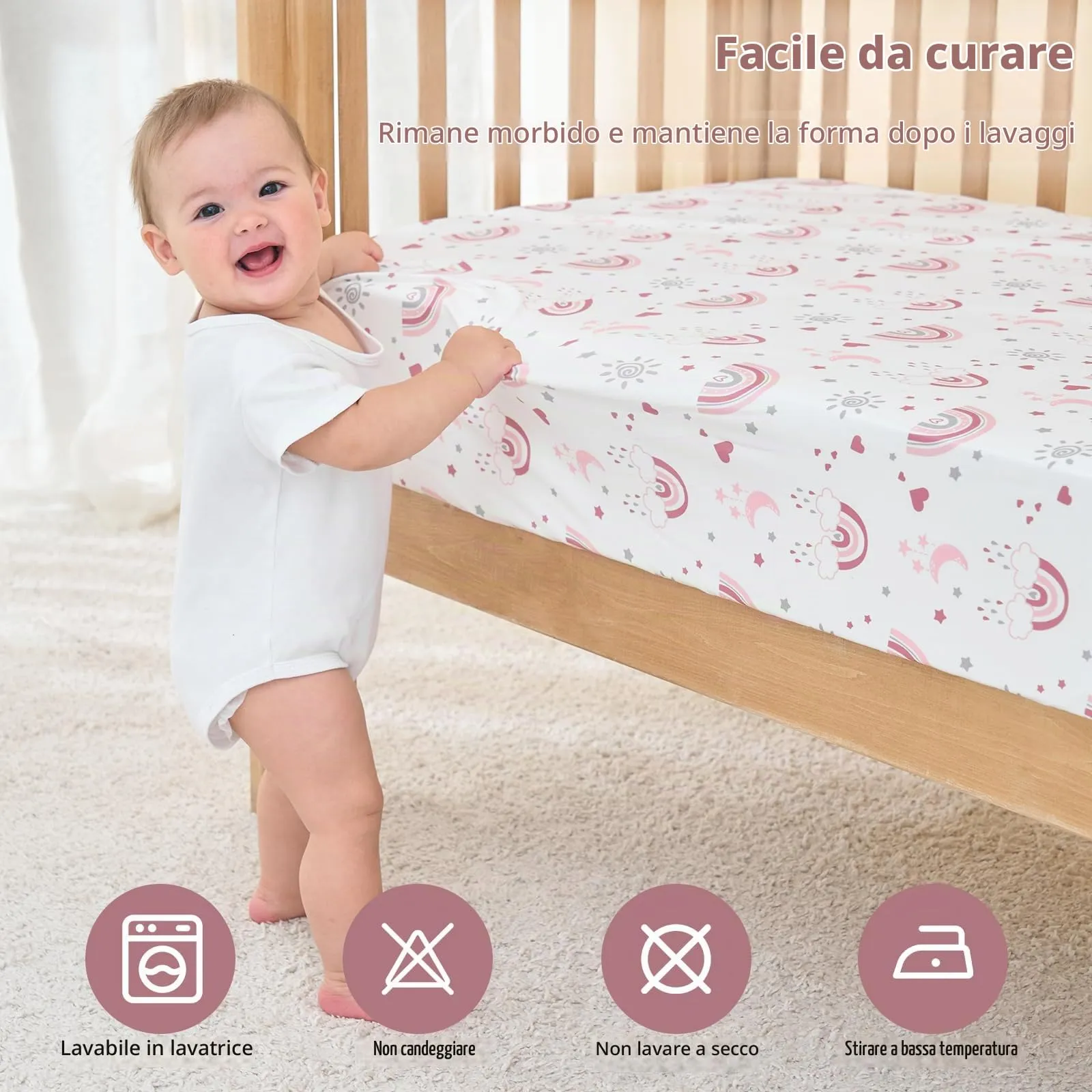 FIEMOL Lenzuola per Lettino Bambina Confezione da 3 - Microfibra Ultra Morbida Arcobaleno Rosa - Per Materasso Lettino Standard 52"x28" - immagine 9