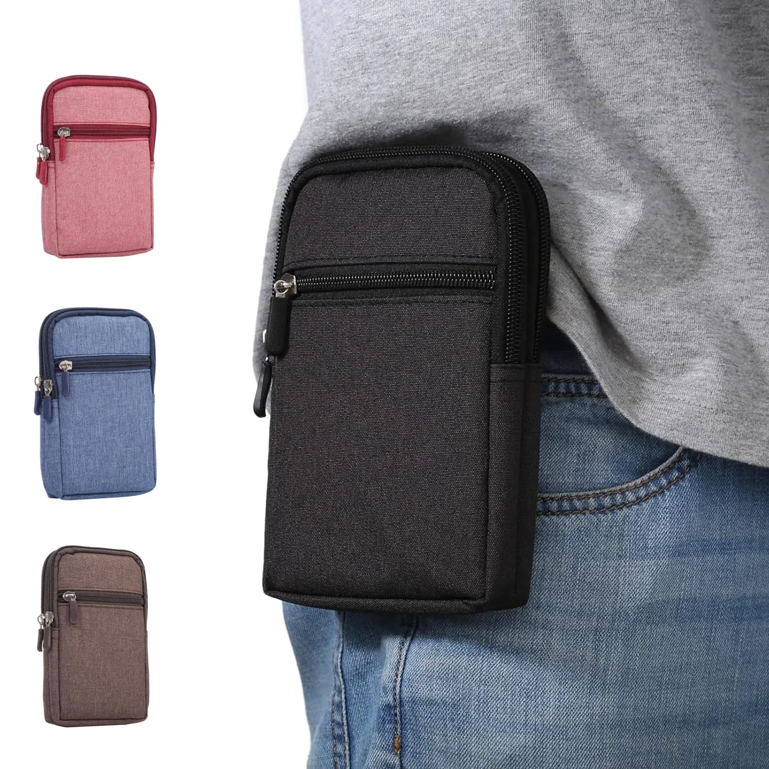 Narunii Marsupio da uomo per escursionismo casual - Piccola pochette da uomo - Pochette con clip per cintura (16,3 cm, nero) - immagine 1