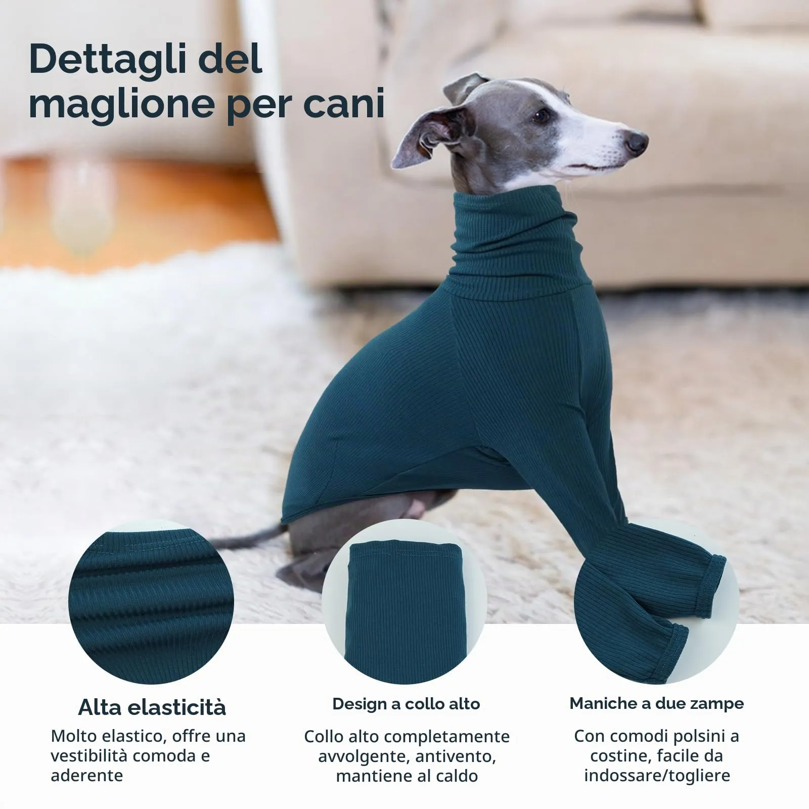 IECOii Maglione Whippet, maglione a collo alto levrieri per cani di piccola taglia, felpa per levrieri italiani, tuta per cani per Lurcher, pigiama leggero e accogliente per levrieri elasticizzato per - immagine 4