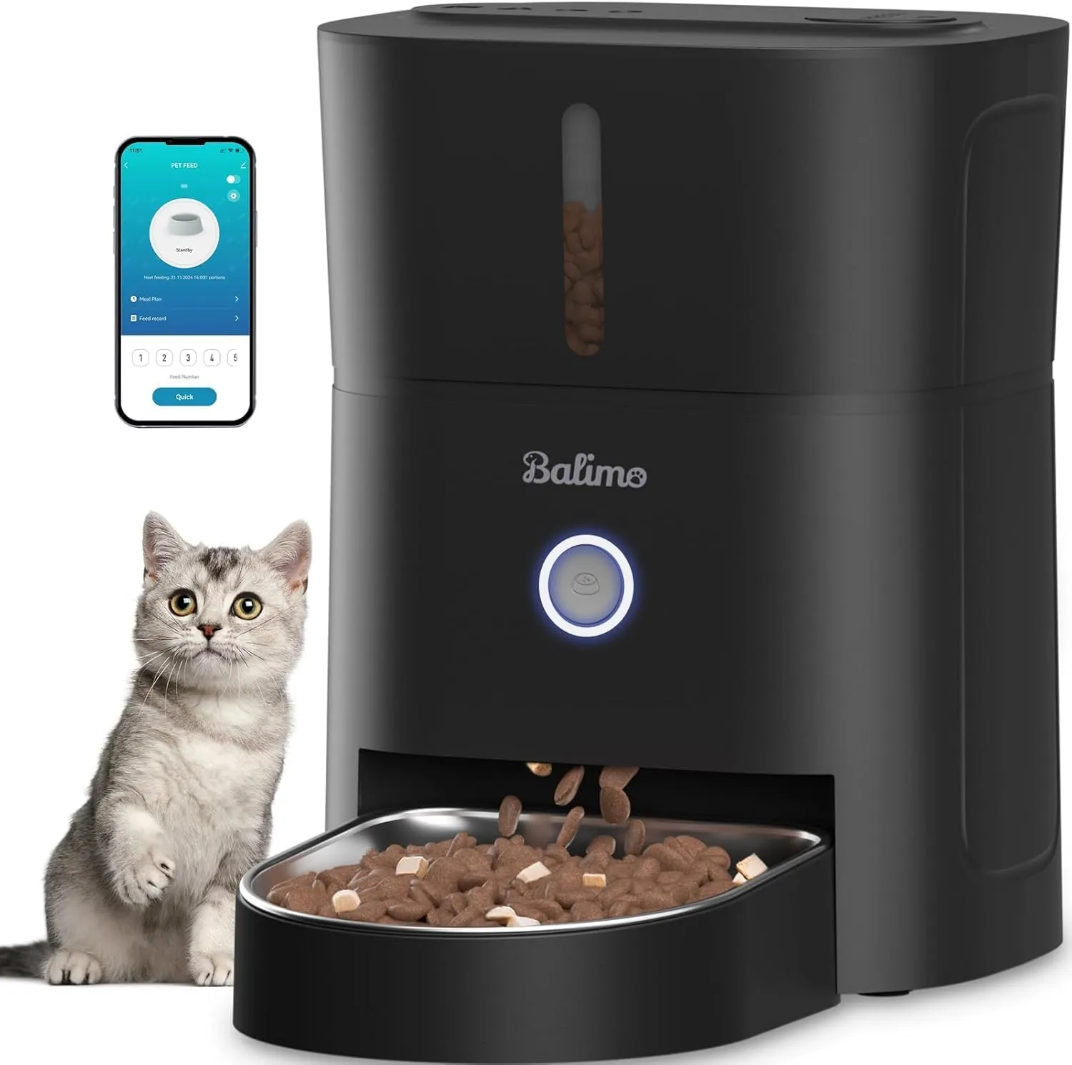Balimo Distributore Automatico Cibo Gatti, 2.4G WiFi Dispenser Crocchette Gatto, 3L Distributore Automatico Cibo Cani, 10 Pasti al Giorno, Ciotola in Acciaio Inossidabile 304, Adatto Per Cani e Gatti - immagine 1