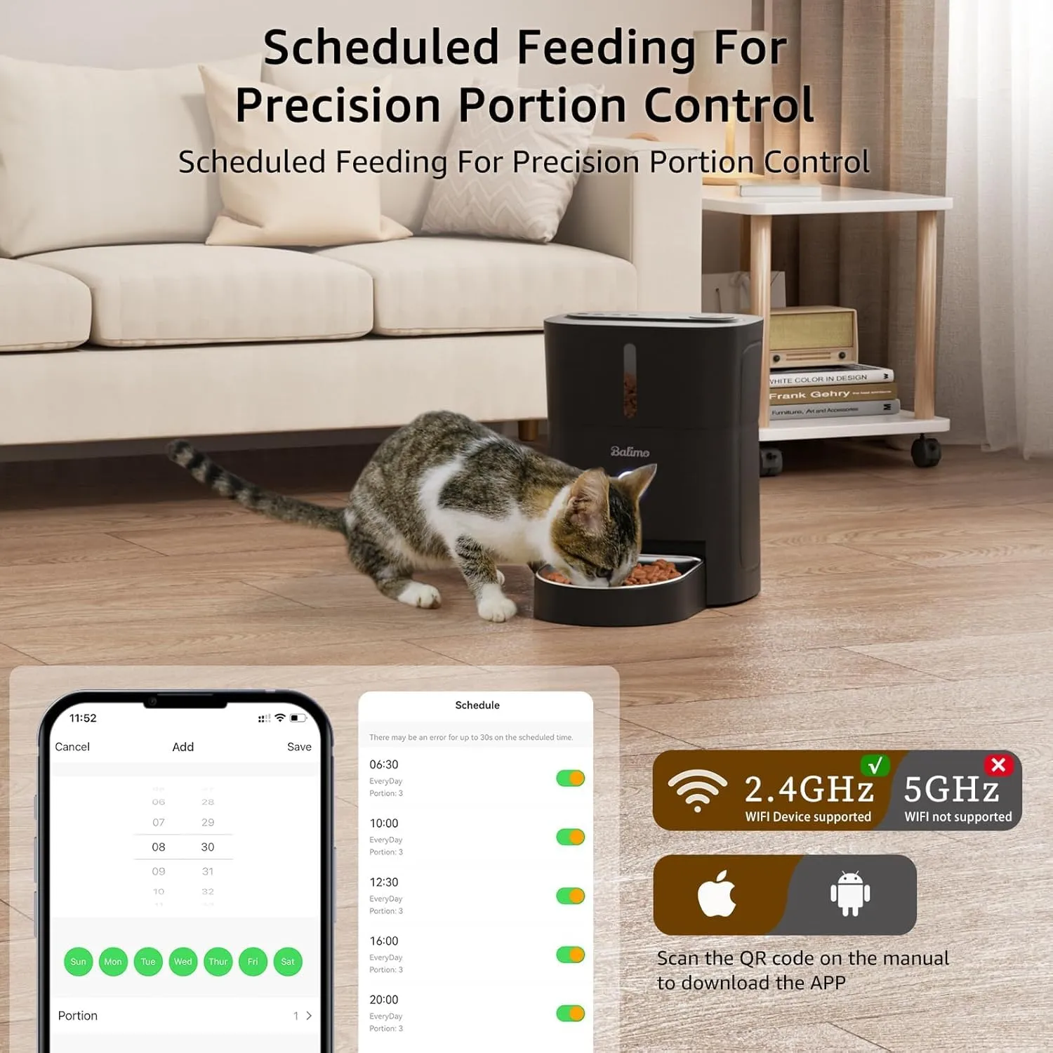 Balimo Distributore Automatico Cibo Gatti, 2.4G WiFi Dispenser Crocchette Gatto, 3L Distributore Automatico Cibo Cani, 10 Pasti al Giorno, Ciotola in Acciaio Inossidabile 304, Adatto Per Cani e Gatti - immagine 2