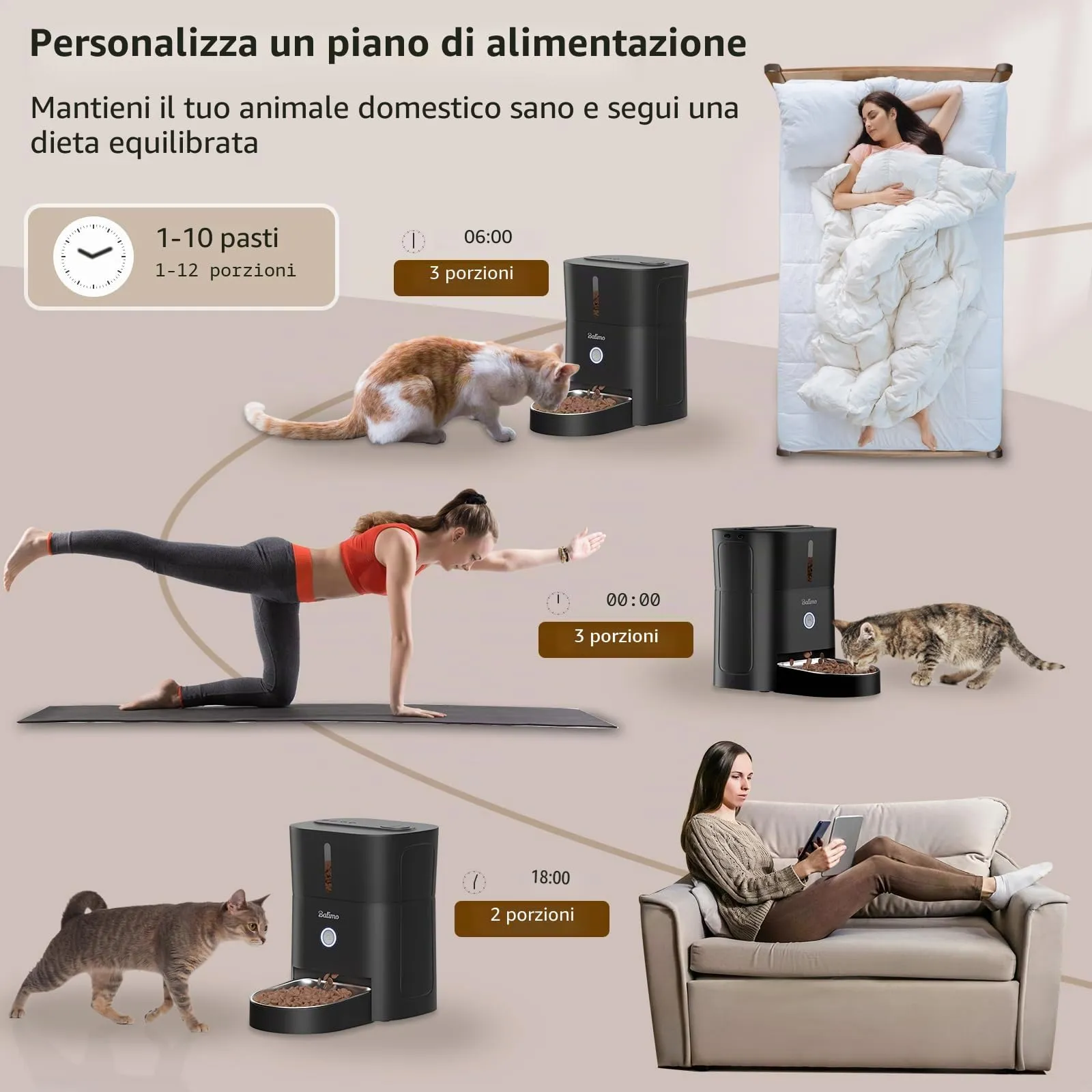 Balimo Distributore Automatico Cibo Gatti, 2.4G WiFi Dispenser Crocchette Gatto, 3L Distributore Automatico Cibo Cani, 10 Pasti al Giorno, Ciotola in Acciaio Inossidabile 304, Adatto Per Cani e Gatti - immagine 3