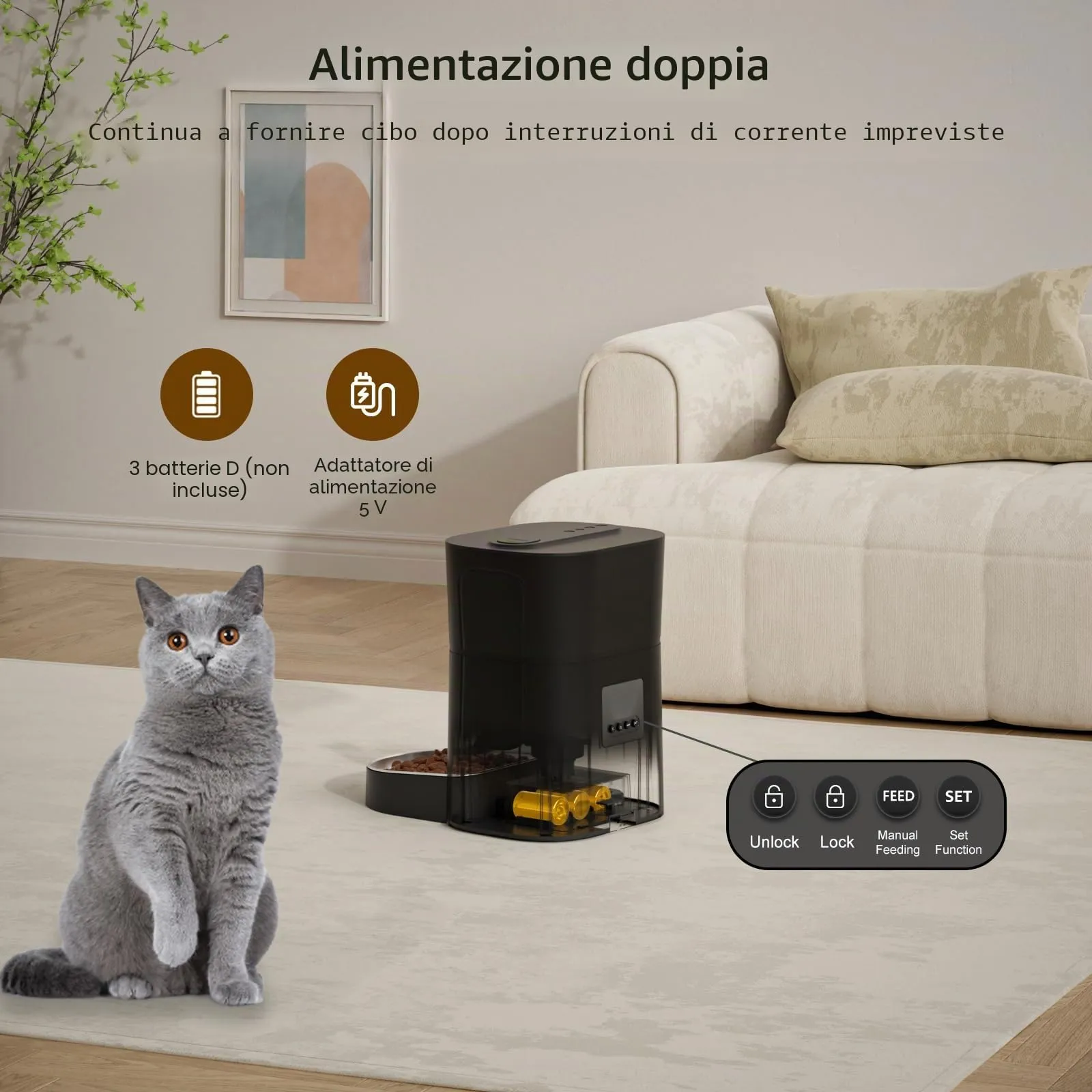 Balimo Distributore Automatico Cibo Gatti, 2.4G WiFi Dispenser Crocchette Gatto, 3L Distributore Automatico Cibo Cani, 10 Pasti al Giorno, Ciotola in Acciaio Inossidabile 304, Adatto Per Cani e Gatti - immagine 4