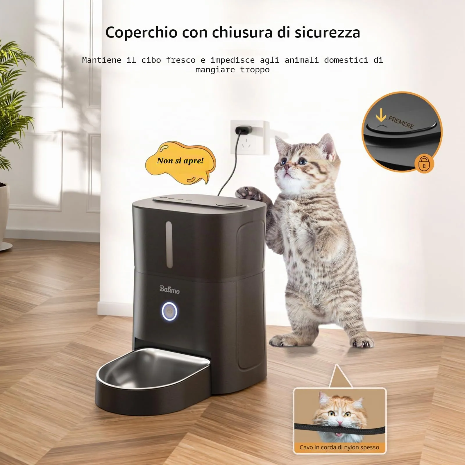 Balimo Distributore Automatico Cibo Gatti, 2.4G WiFi Dispenser Crocchette Gatto, 3L Distributore Automatico Cibo Cani, 10 Pasti al Giorno, Ciotola in Acciaio Inossidabile 304, Adatto Per Cani e Gatti - immagine 5