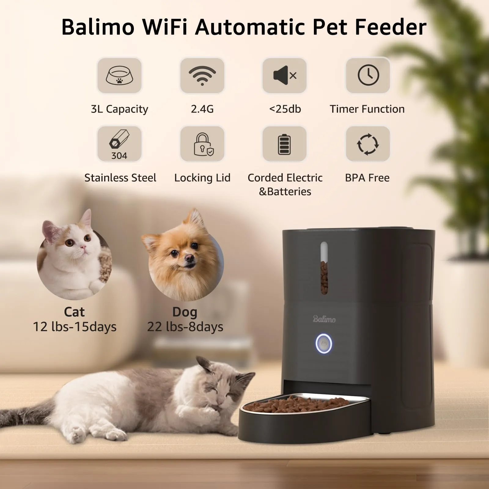 Balimo Distributore Automatico Cibo Gatti, 2.4G WiFi Dispenser Crocchette Gatto, 3L Distributore Automatico Cibo Cani, 10 Pasti al Giorno, Ciotola in Acciaio Inossidabile 304, Adatto Per Cani e Gatti - immagine 6