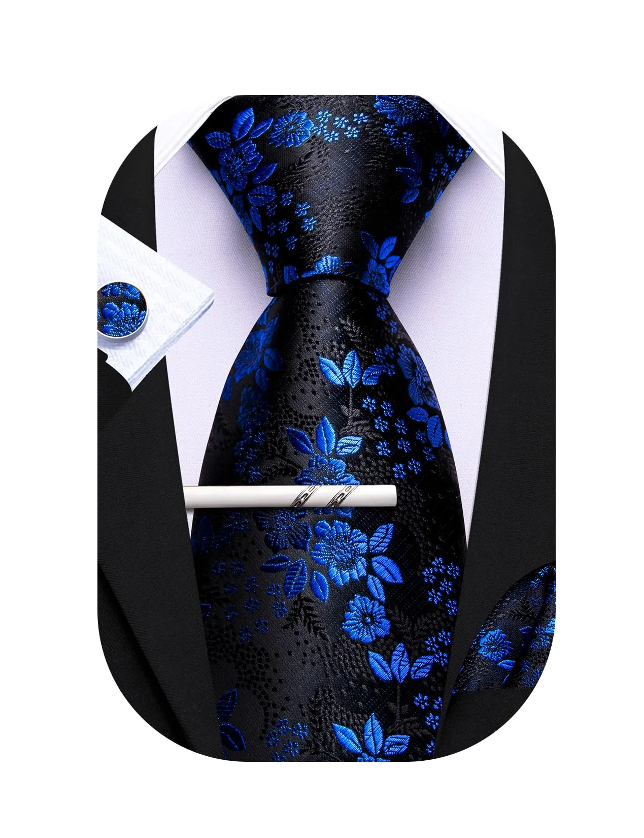 Barry.Wang Set di cravatte da uomo con motivo floreale, gemelli quadrati da taschino, clip classica da uomo, in seta, set da 4 pezzi, per feste di nozze e, Fiore Blu Nero, Taglia unica - immagine 1