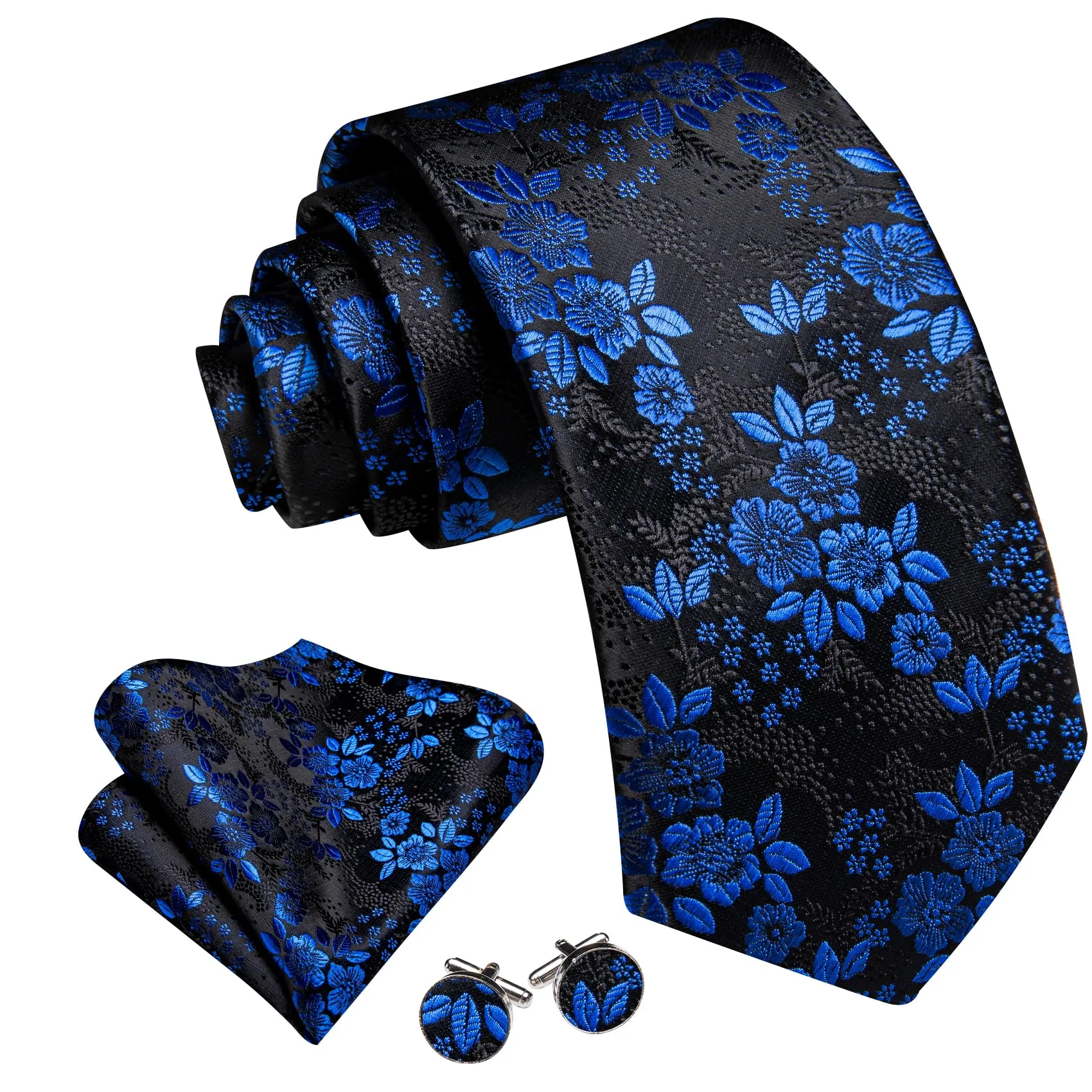 Barry.Wang Set di cravatte da uomo con motivo floreale, gemelli quadrati da taschino, clip classica da uomo, in seta, set da 4 pezzi, per feste di nozze e, Fiore Blu Nero, Taglia unica - immagine 2
