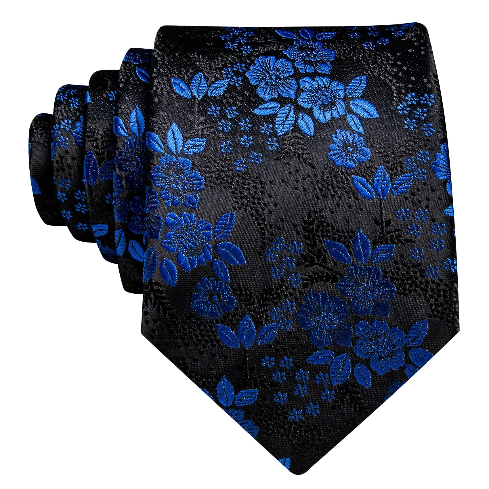 Barry.Wang Set di cravatte da uomo con motivo floreale, gemelli quadrati da taschino, clip classica da uomo, in seta, set da 4 pezzi, per feste di nozze e, Fiore Blu Nero, Taglia unica - immagine 3