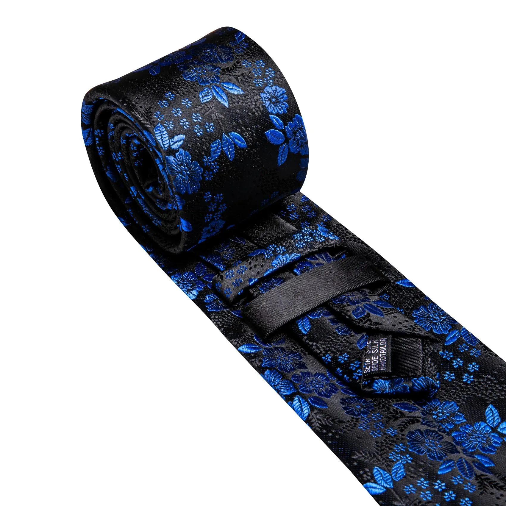 Barry.Wang Set di cravatte da uomo con motivo floreale, gemelli quadrati da taschino, clip classica da uomo, in seta, set da 4 pezzi, per feste di nozze e, Fiore Blu Nero, Taglia unica - immagine 4