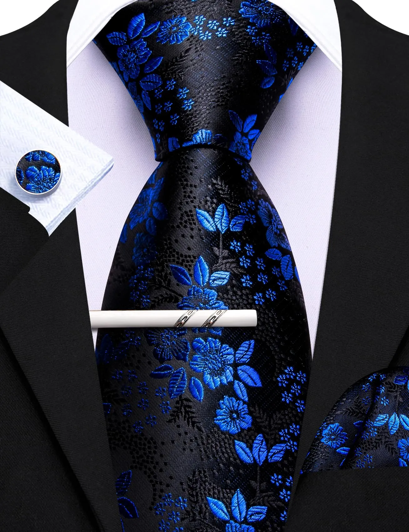 Barry.Wang Set di cravatte da uomo con motivo floreale, gemelli quadrati da taschino, clip classica da uomo, in seta, set da 4 pezzi, per feste di nozze e, Fiore Blu Nero, Taglia unica - immagine 5