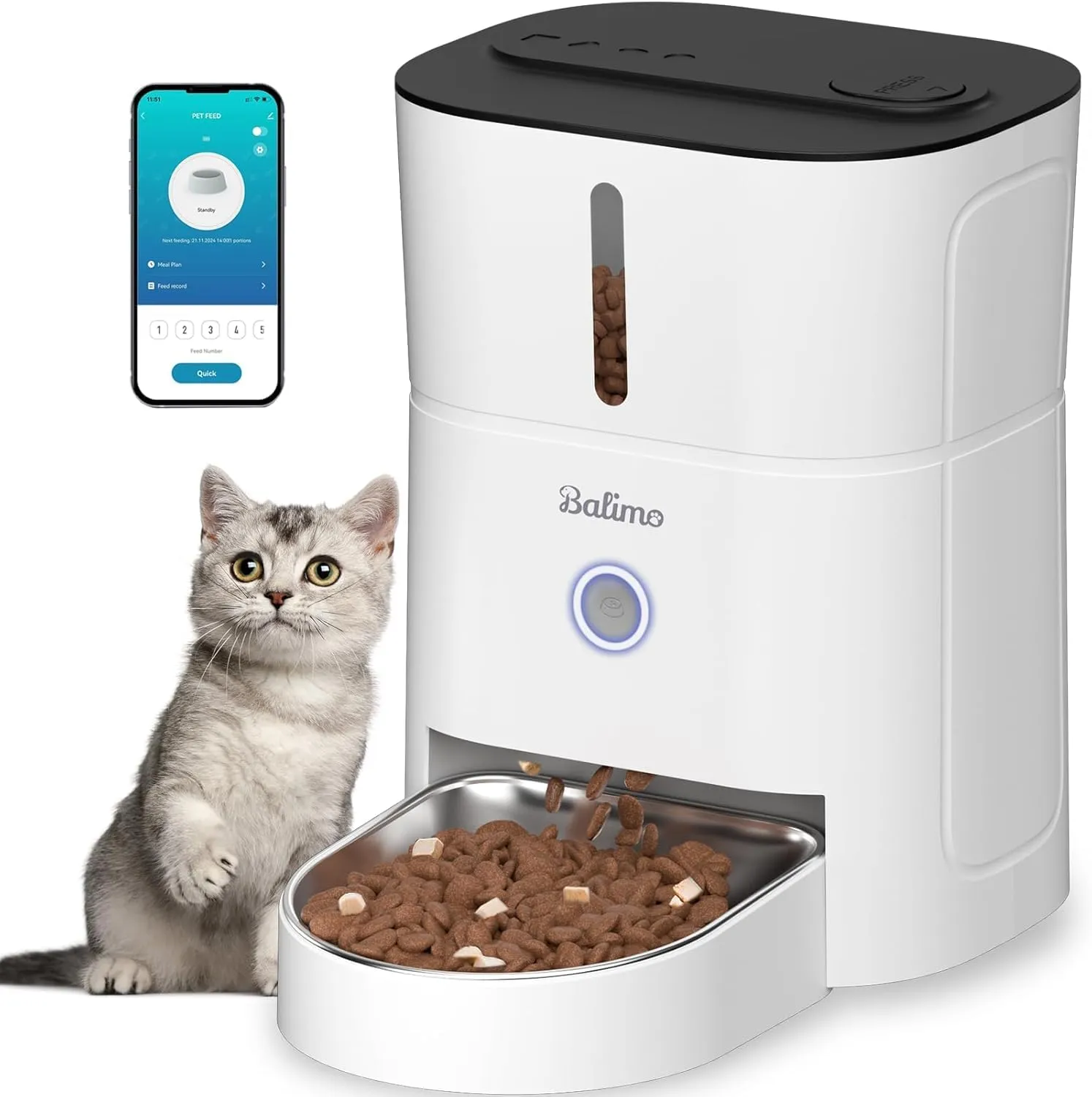 Balimo Distributore Automatico Cibo Gatti, 2.4G WiFi Dispenser Crocchette Gatto, 3L Distributore Automatico Cibo Cani, 10 Pasti al Giorno, Con Ciotola in Acciaio Inox 304, Adatto Per Cani e Gatti - immagine 1