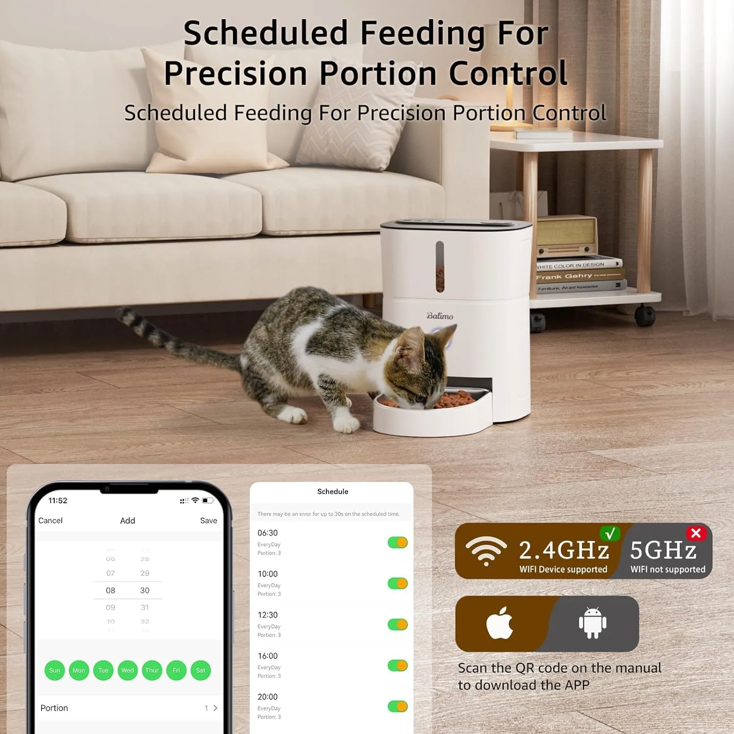 Balimo Distributore Automatico Cibo Gatti, 2.4G WiFi Dispenser Crocchette Gatto, 3L Distributore Automatico Cibo Cani, 10 Pasti al Giorno, Con Ciotola in Acciaio Inox 304, Adatto Per Cani e Gatti - immagine 2