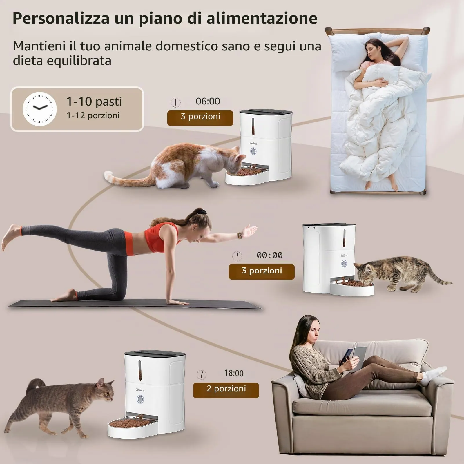 Balimo Distributore Automatico Cibo Gatti, 2.4G WiFi Dispenser Crocchette Gatto, 3L Distributore Automatico Cibo Cani, 10 Pasti al Giorno, Con Ciotola in Acciaio Inox 304, Adatto Per Cani e Gatti - immagine 3