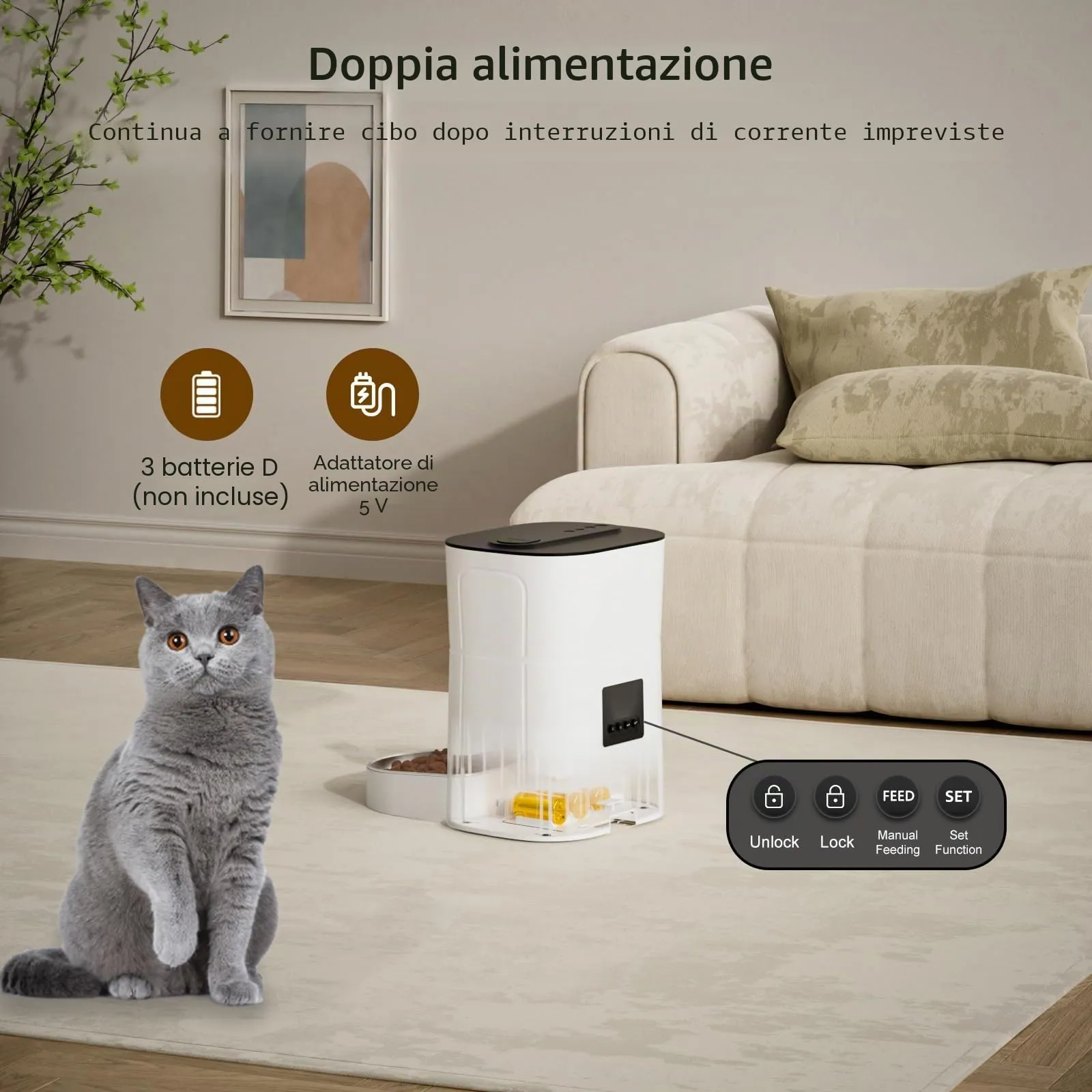 Balimo Distributore Automatico Cibo Gatti, 2.4G WiFi Dispenser Crocchette Gatto, 3L Distributore Automatico Cibo Cani, 10 Pasti al Giorno, Con Ciotola in Acciaio Inox 304, Adatto Per Cani e Gatti - immagine 4