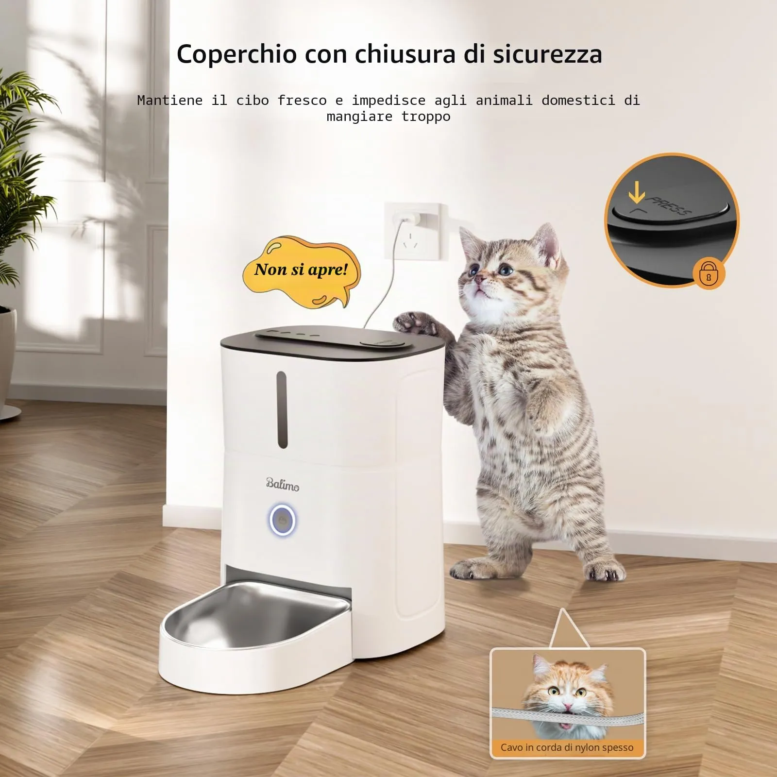 Balimo Distributore Automatico Cibo Gatti, 2.4G WiFi Dispenser Crocchette Gatto, 3L Distributore Automatico Cibo Cani, 10 Pasti al Giorno, Con Ciotola in Acciaio Inox 304, Adatto Per Cani e Gatti - immagine 5